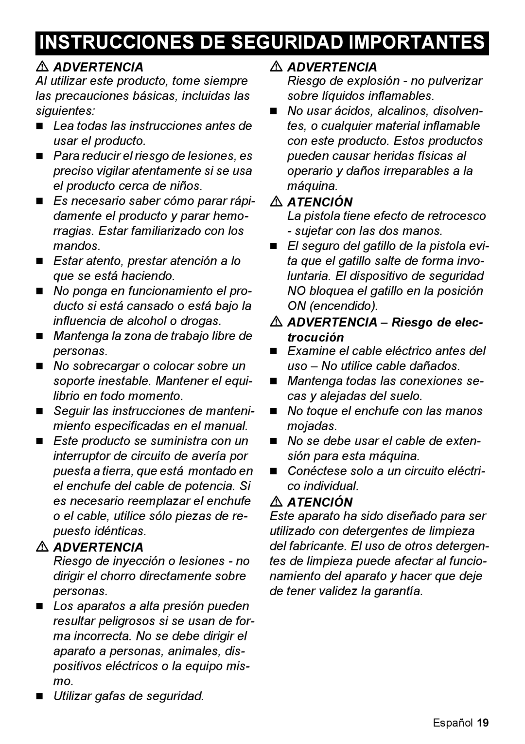 Karcher K 2.050 manual Instrucciones DE Seguridad Importantes, Advertencia Riesgo de elec Trocución 