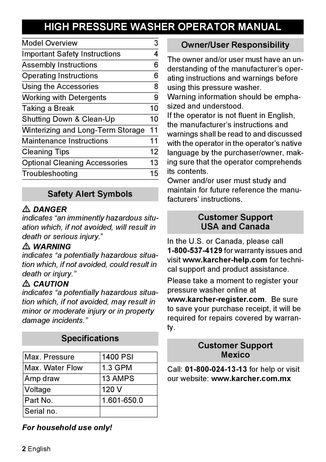 Karcher K 2.050 High Pressure Washer Operator Manual, Owner/User Responsibility, Safety Alert Symbols, USA and Canada 