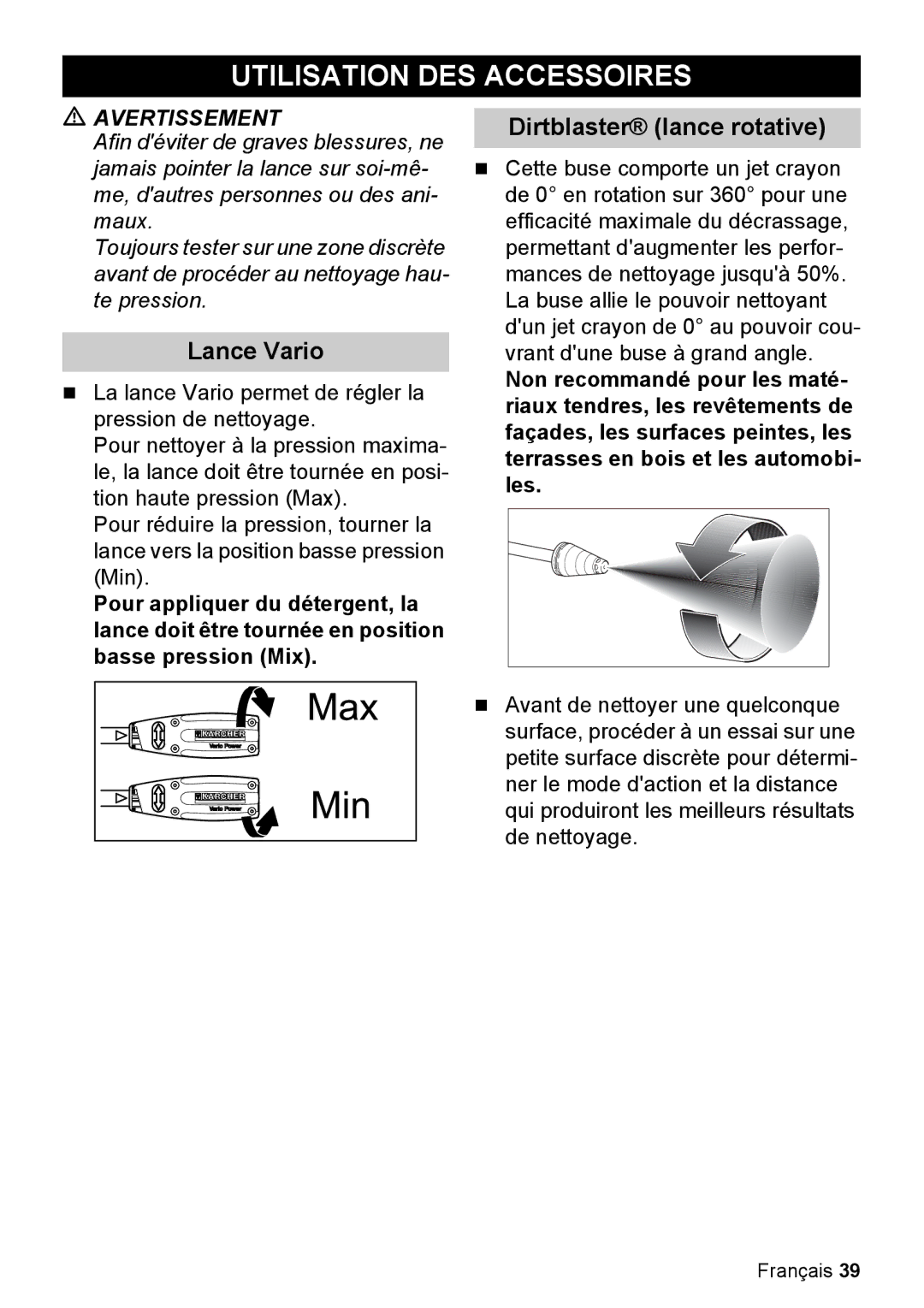 Karcher K 2.050 manual Utilisation DES Accessoires, Lance Vario, Dirtblaster lance rotative 