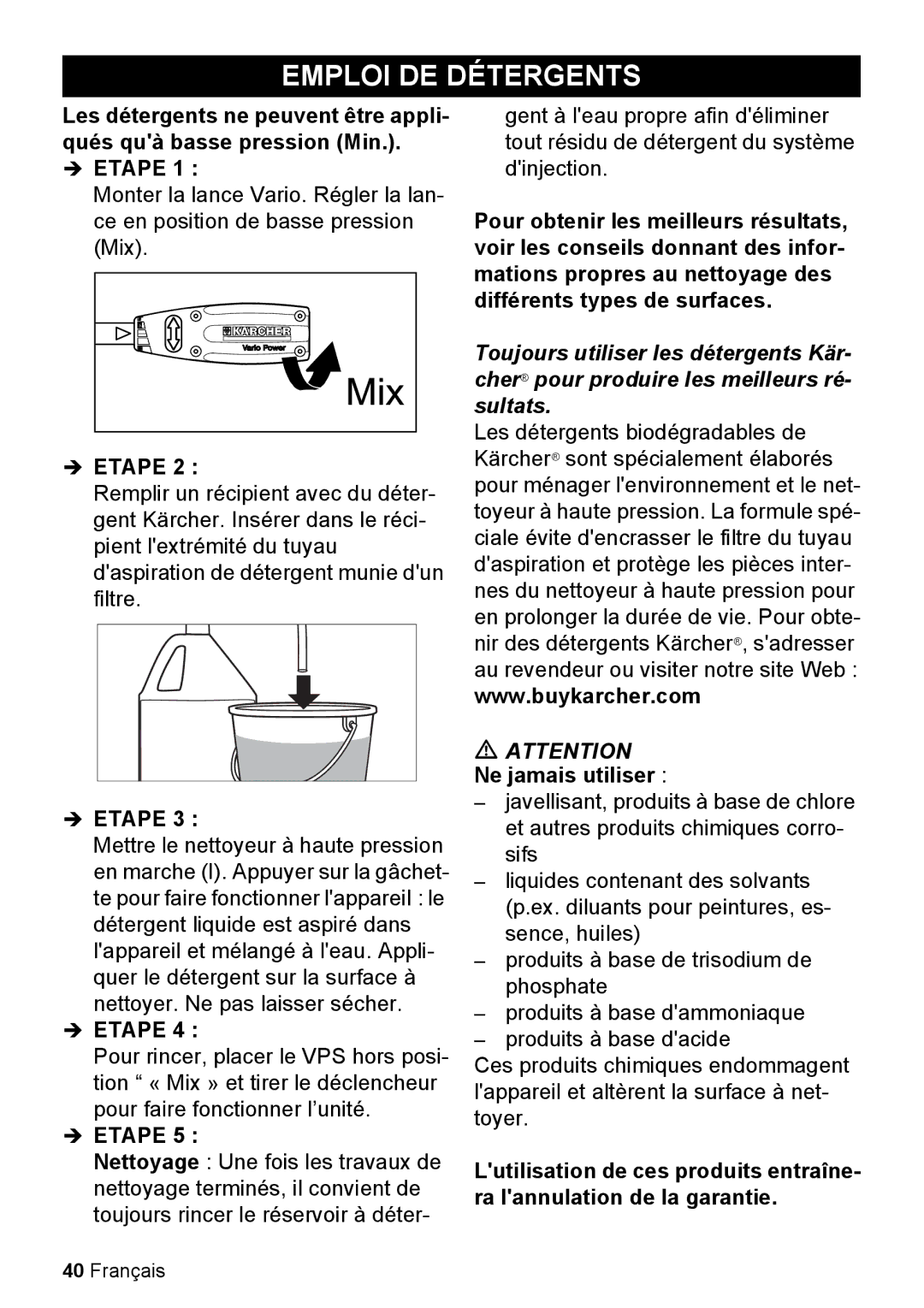 Karcher K 2.050 manual Emploi DE Détergents 