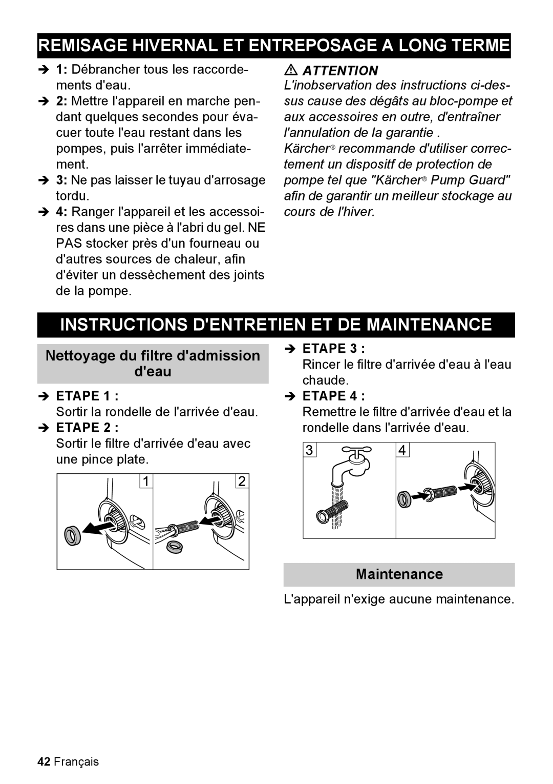 Karcher K 2.050 manual Remisage Hivernal ET Entreposage a Long Terme, Instructions Dentretien ET DE Maintenance 