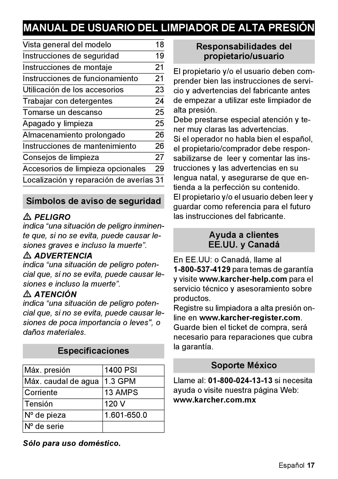 Karcher K 2.050 manual Manual De Usuario Del Limpiador De Alta Presión, Responsabilidades del, propietario/usuario 