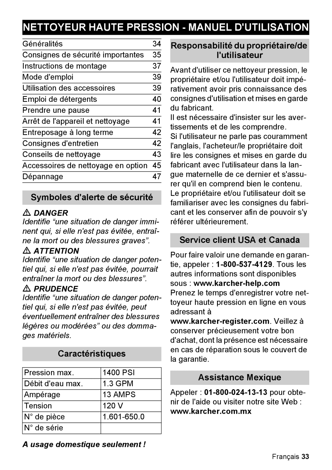 Karcher K 2.050 manual Nettoyeur Haute Pression - Manuel Dutilisation, lutilisateur, Symboles dalerte de sécurité, Prudence 