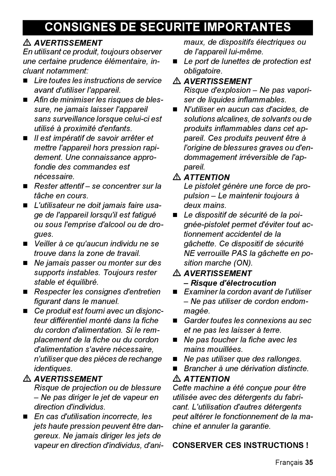 Karcher K 2.050 manual Consignes De Securite Importantes, Avertissement, AVERTISSEMENT Risque délectrocution 