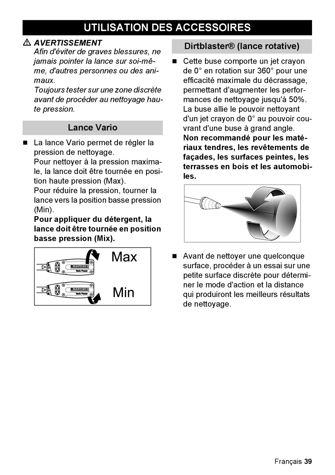 Karcher K 2.050 manual Utilisation Des Accessoires, Lance Vario, Dirtblaster lance rotative, Avertissement 