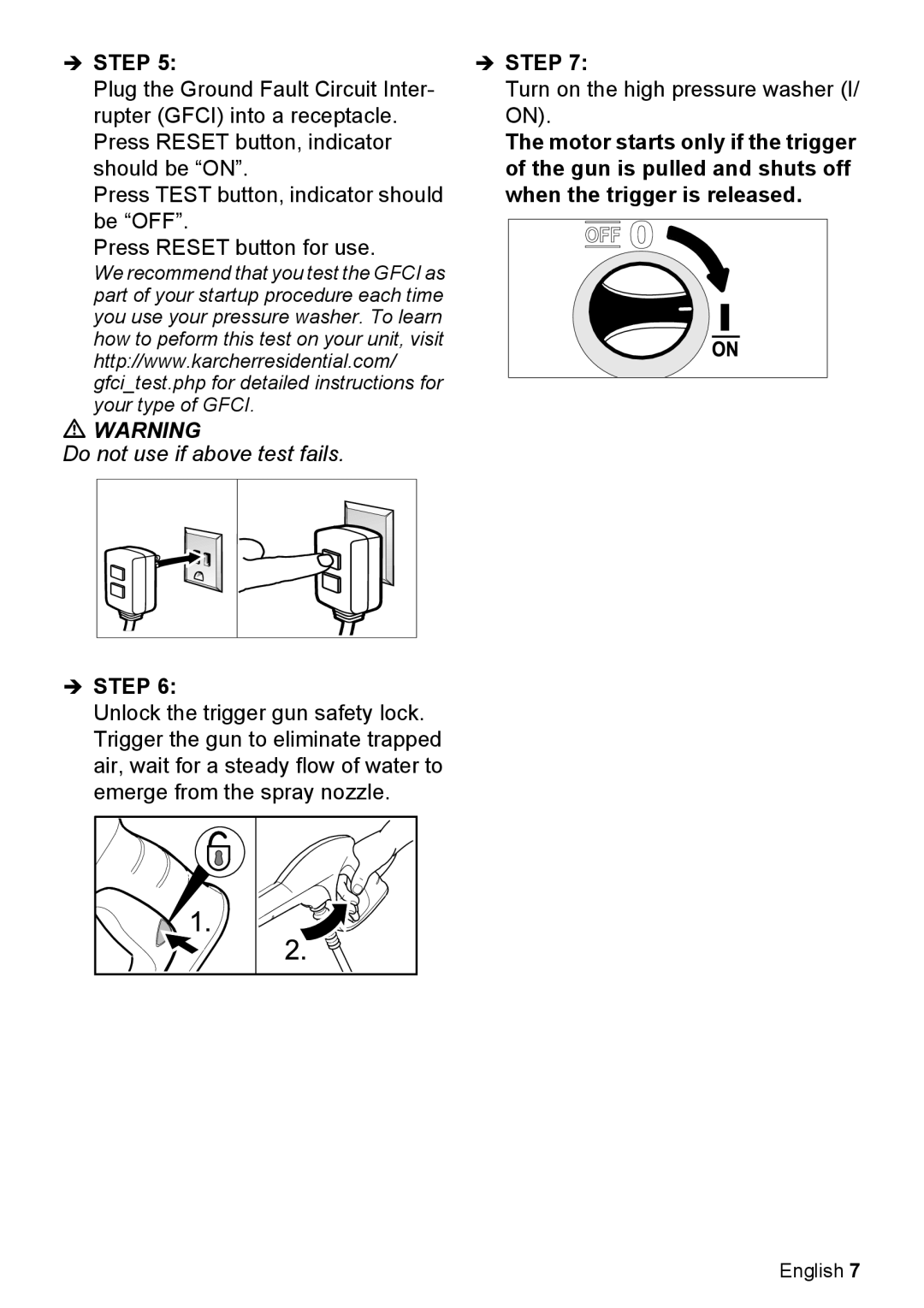 Karcher K 2.050 manual Press TEST button, indicator should be “OFF” 
