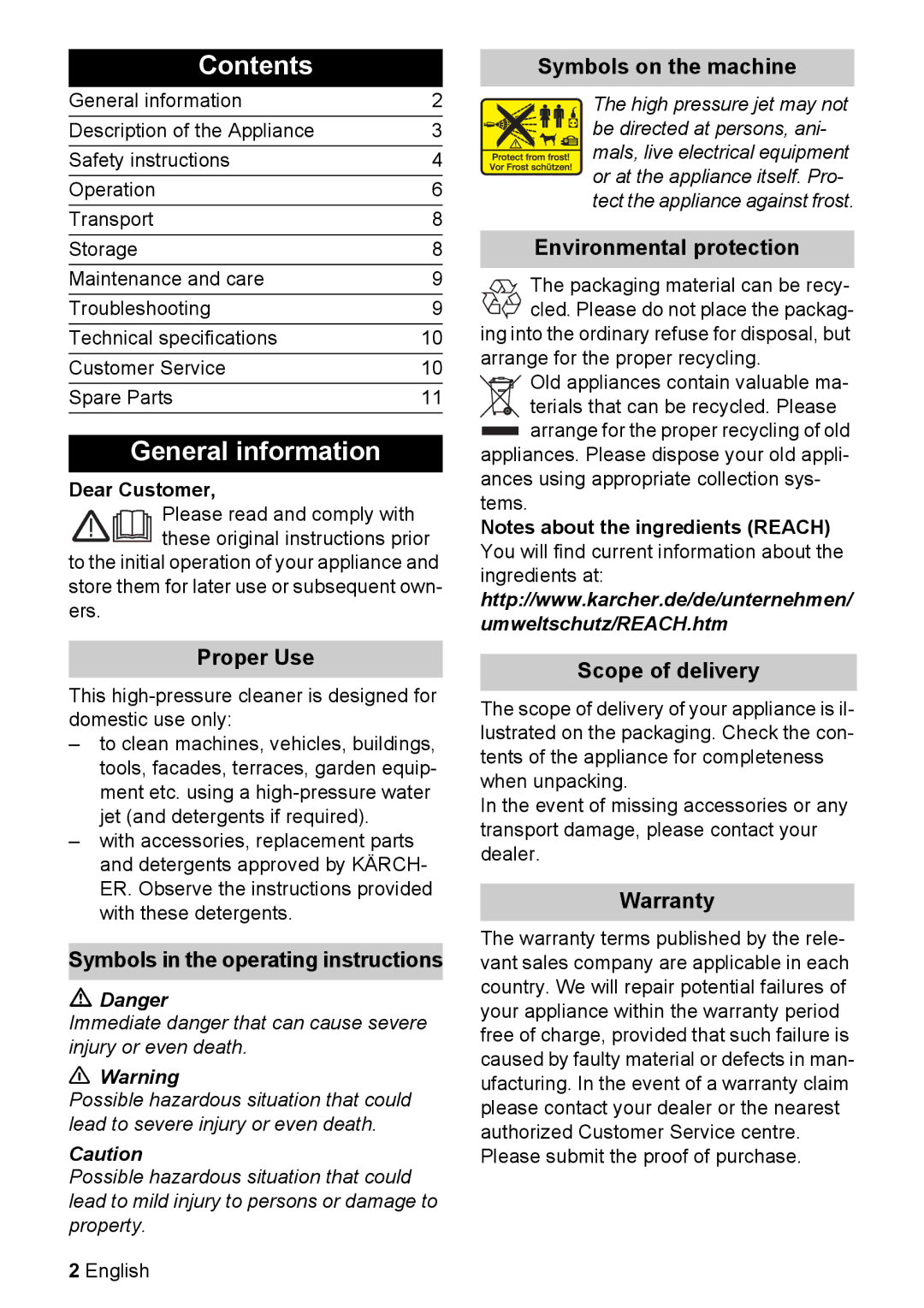 Karcher K 2.080 manual Contents, General information 