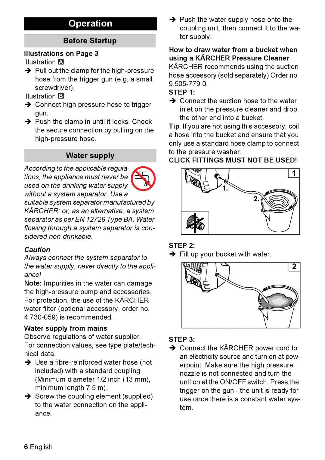 Karcher K 2.080 manual Operation, Before Startup, Illustrations on, Water supply from mains 