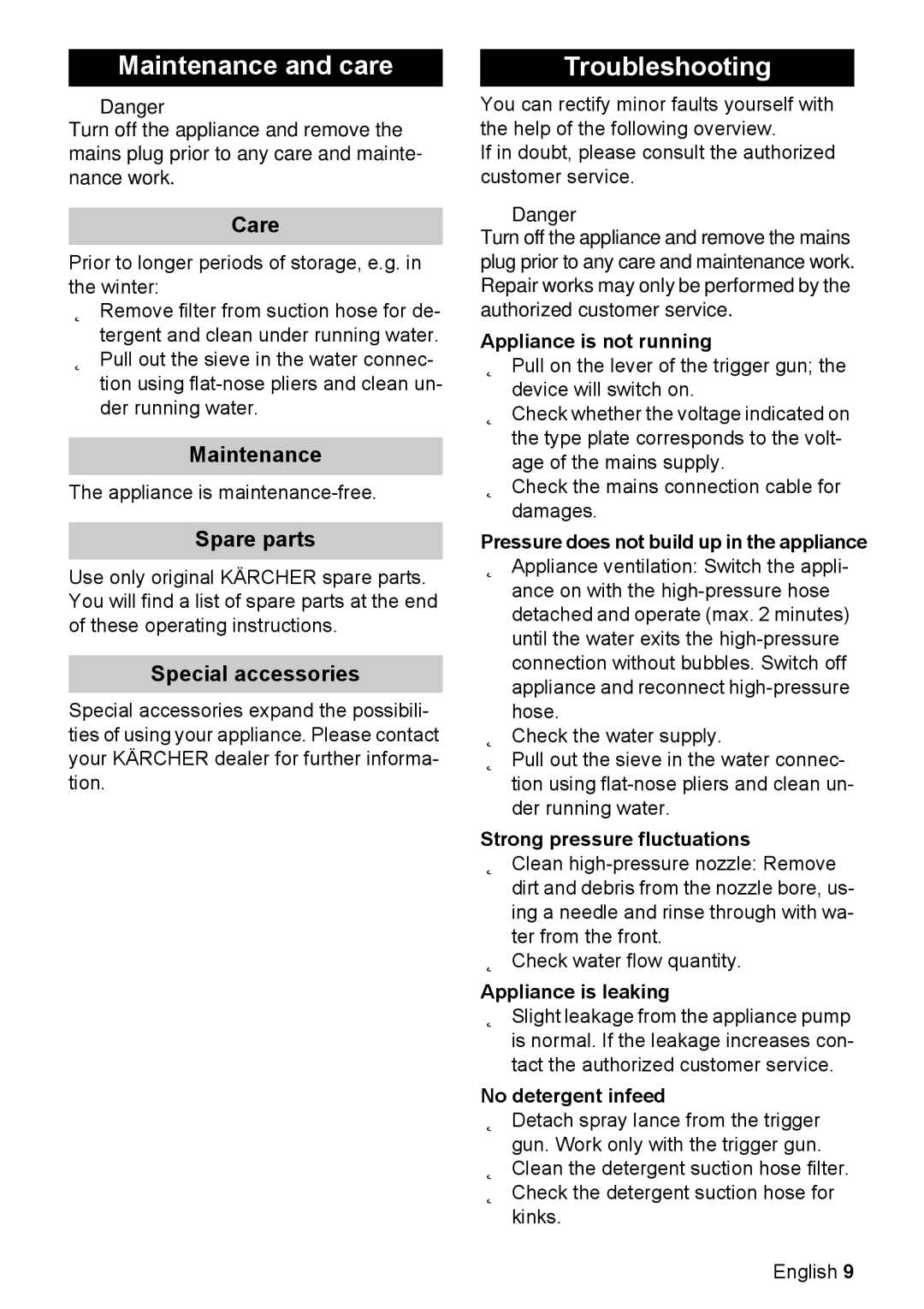 Karcher K 2.080 manual Maintenance and care, Troubleshooting 