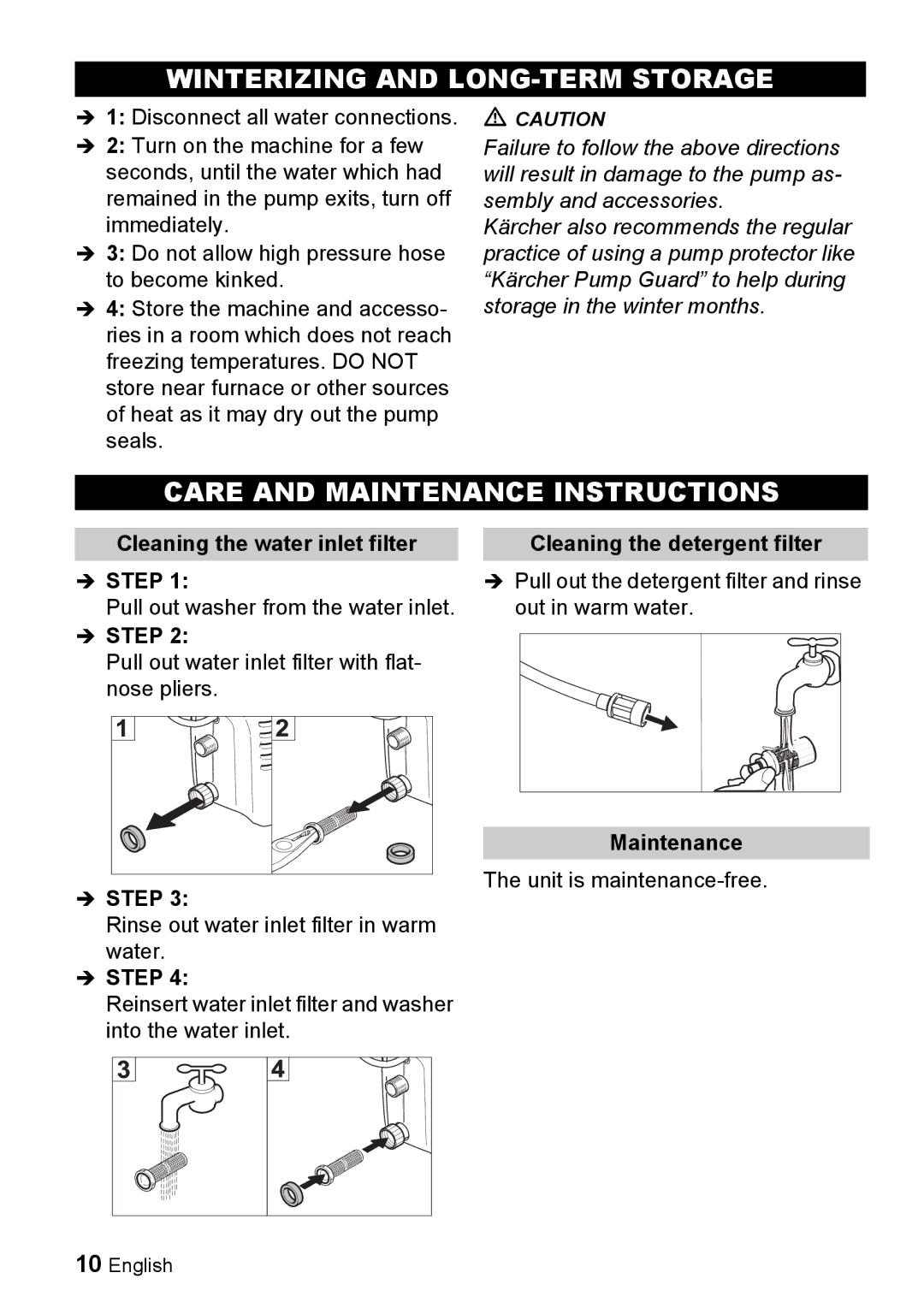 Karcher K 2.16 manual Winterizing and LONG-TERM Storage, Care and Maintenance Instructions, Cleaning the water inlet filter 