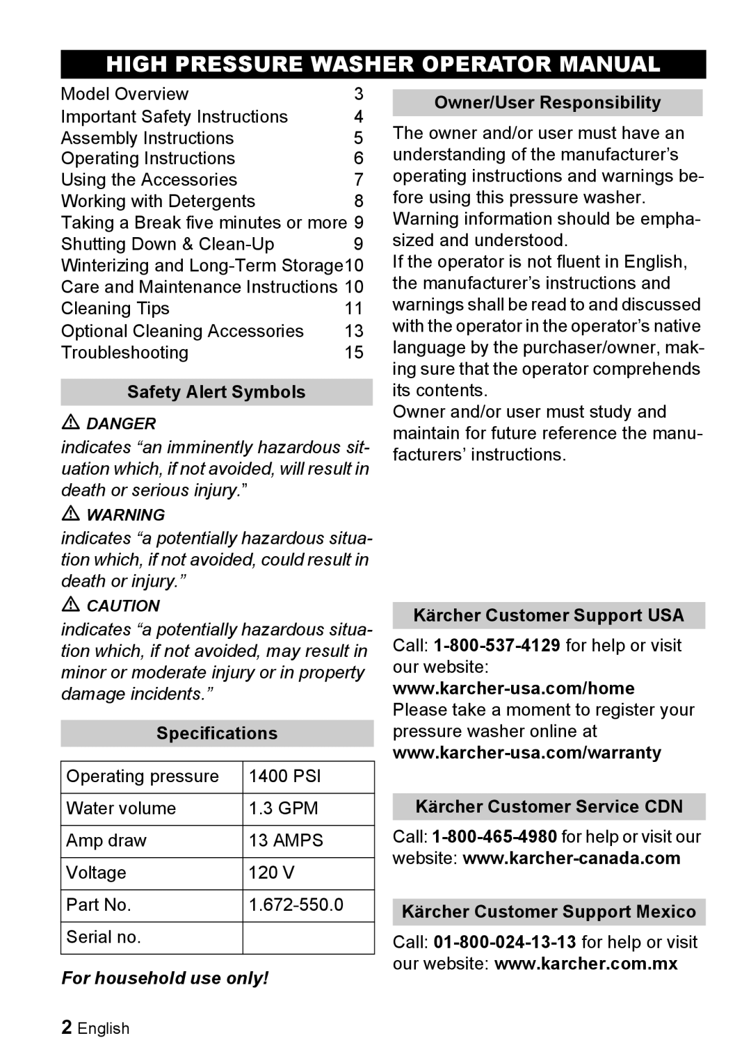 Karcher K 2.16 manual High Pressure Washer Operator Manual, For household use only 