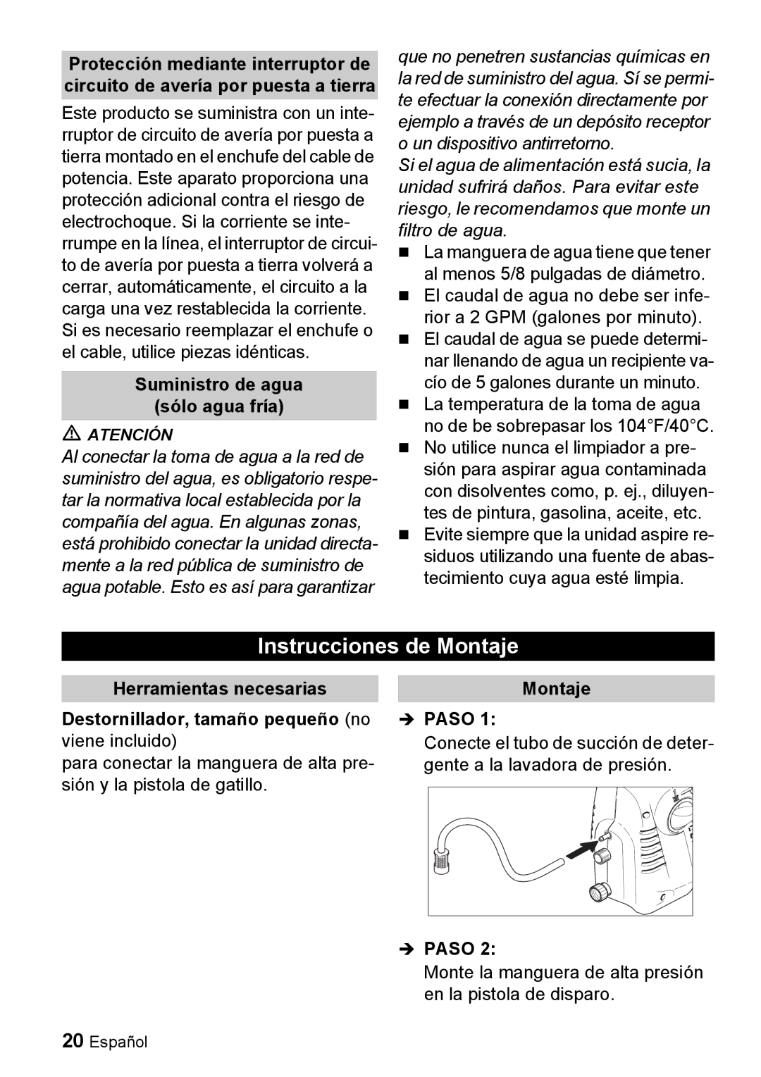 Karcher K 2.16 manual Instrucciones de Montaje, Suministro de agua Sólo agua fría 