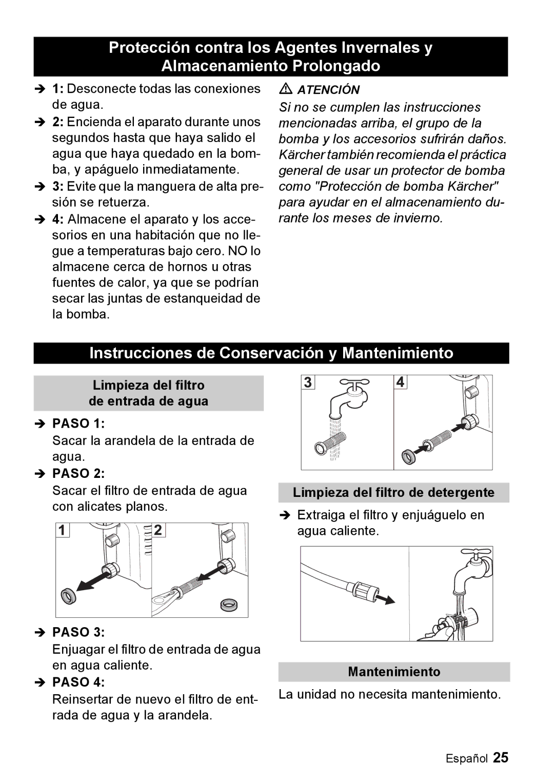 Karcher K 2.16 manual Instrucciones de Conservación y Mantenimiento, Limpieza del filtro de entrada de agua 