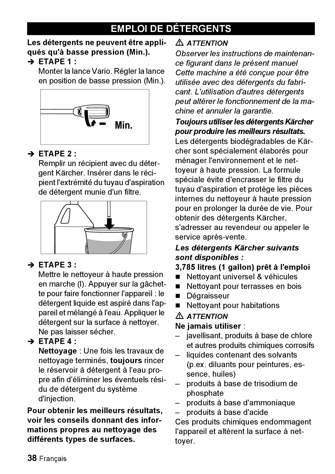 Karcher K 2.16 Emploi DE Détergents, Les détergents Kärcher suivants sont disponibles, Litres 1 gallon prêt à lemploi 