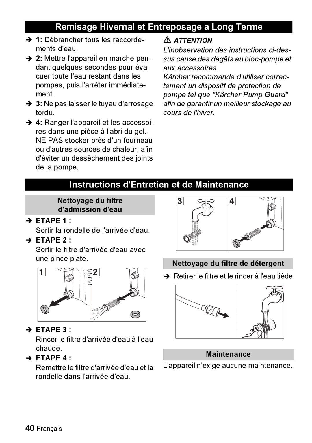 Karcher K 2.16 manual Remisage Hivernal et Entreposage a Long Terme, Instructions dEntretien et de Maintenance 