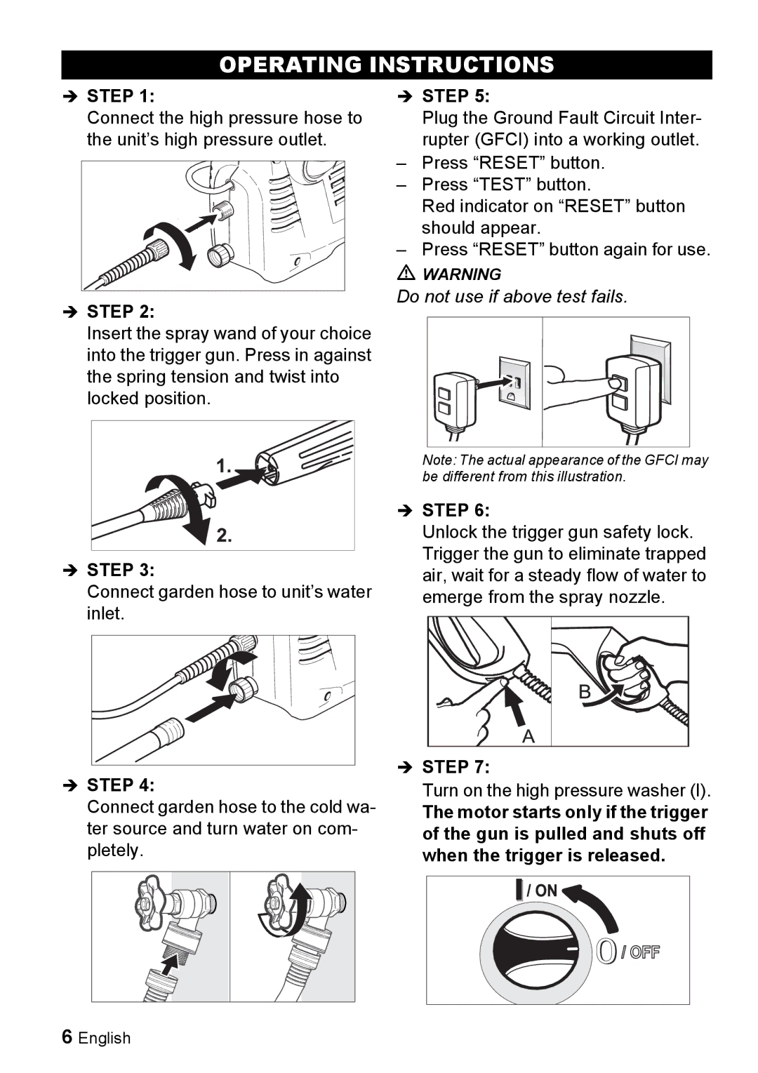 Karcher K 2.16 manual Operating Instructions, Turn on the high pressure washer 