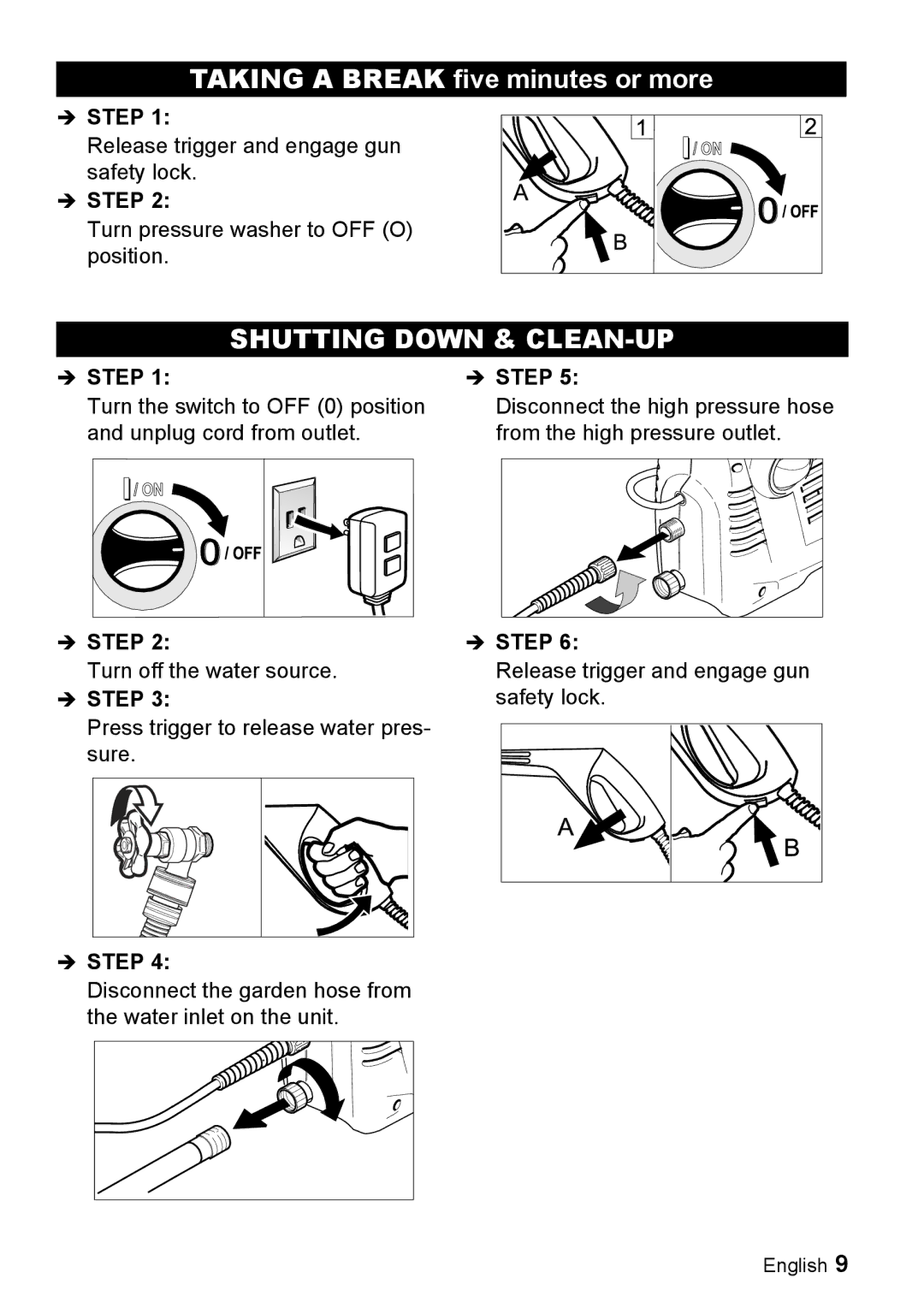 Karcher K 2.16 manual Taking a Break five minutes or more, Shutting Down & CLEAN-UP 