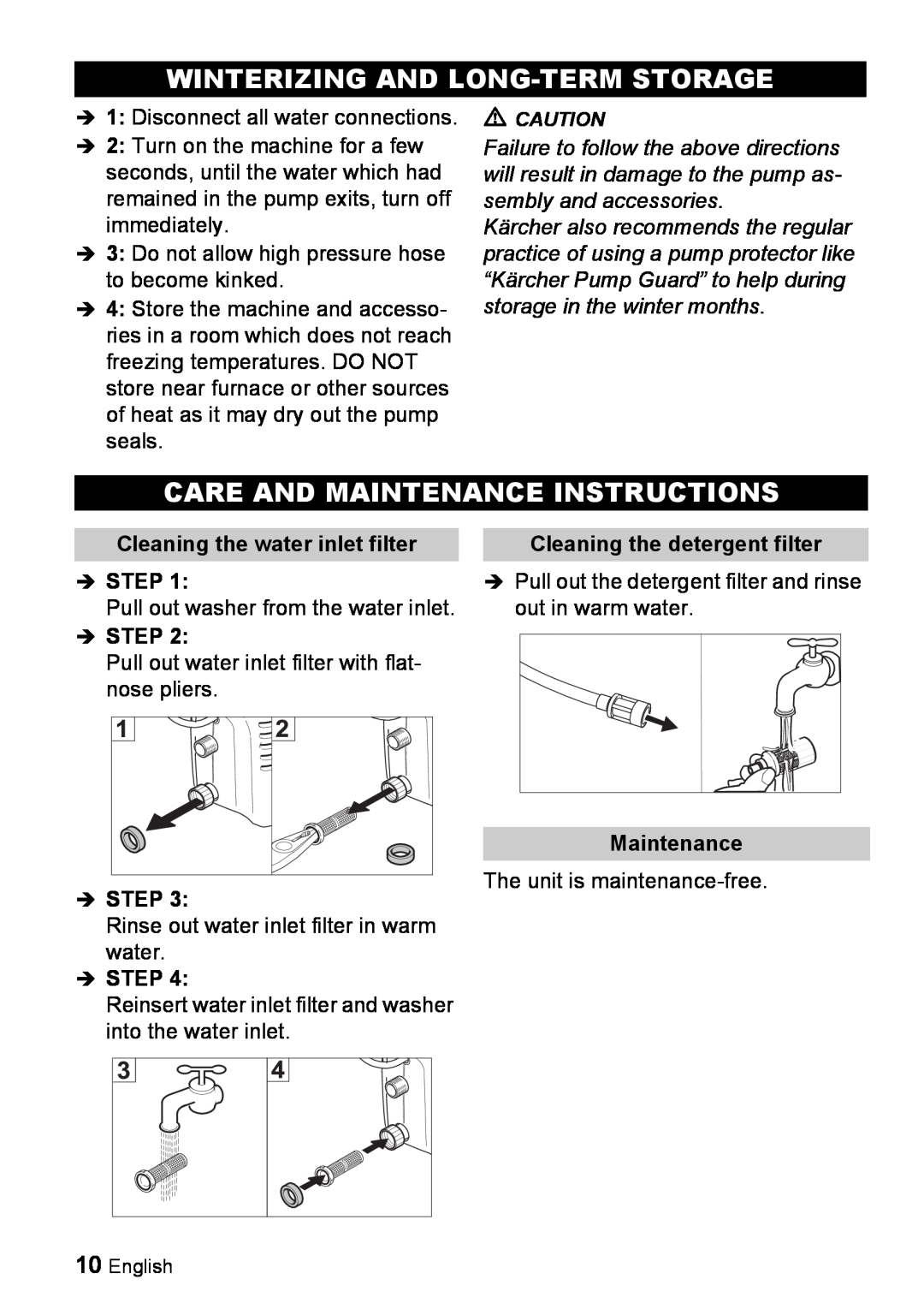 Karcher K 2.16 Winterizing And Long-Term Storage, Care And Maintenance Instructions, Cleaning the detergent filter, Î Step 