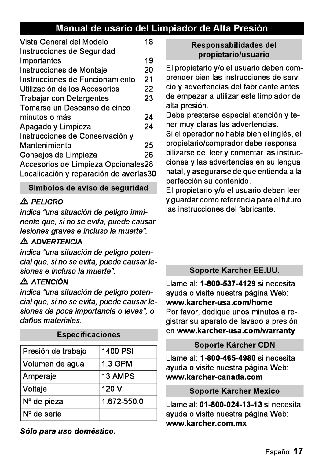 Karcher K 2.16 manual Manual de usario del Limpiador de Alta Presiòn, Símbolos de aviso de seguridad, Especificaciones 