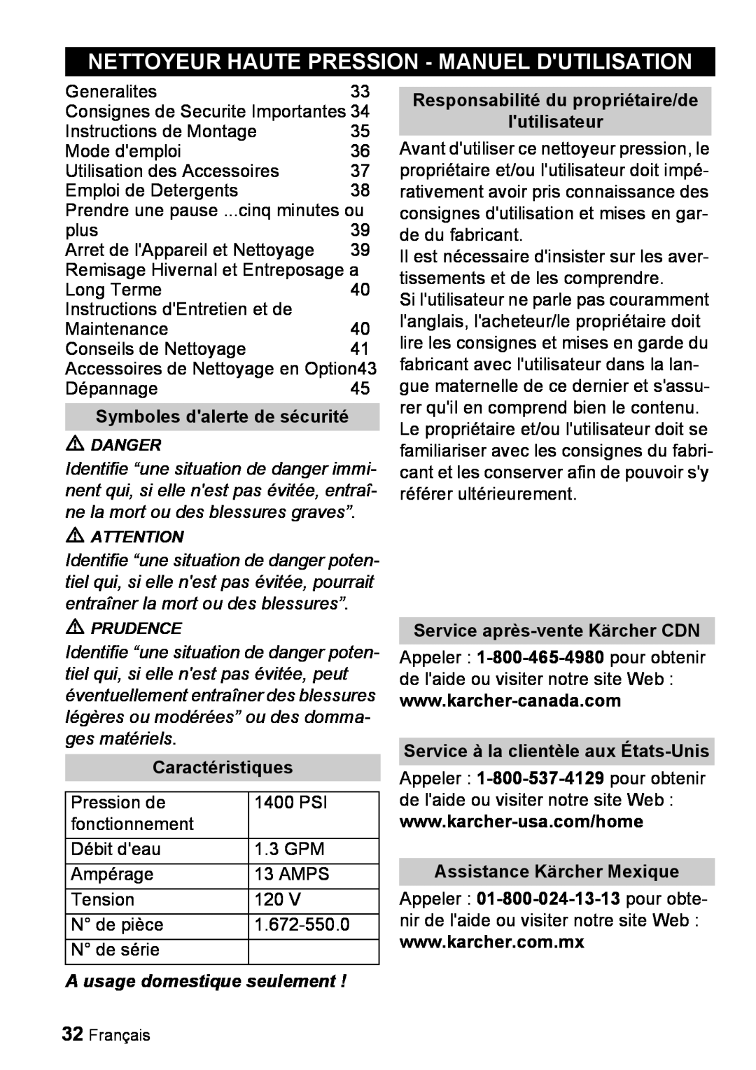 Karcher K 2.16 manual Nettoyeur Haute Pression - Manuel Dutilisation, Symboles dalerte de sécurité, Caractéristiques 