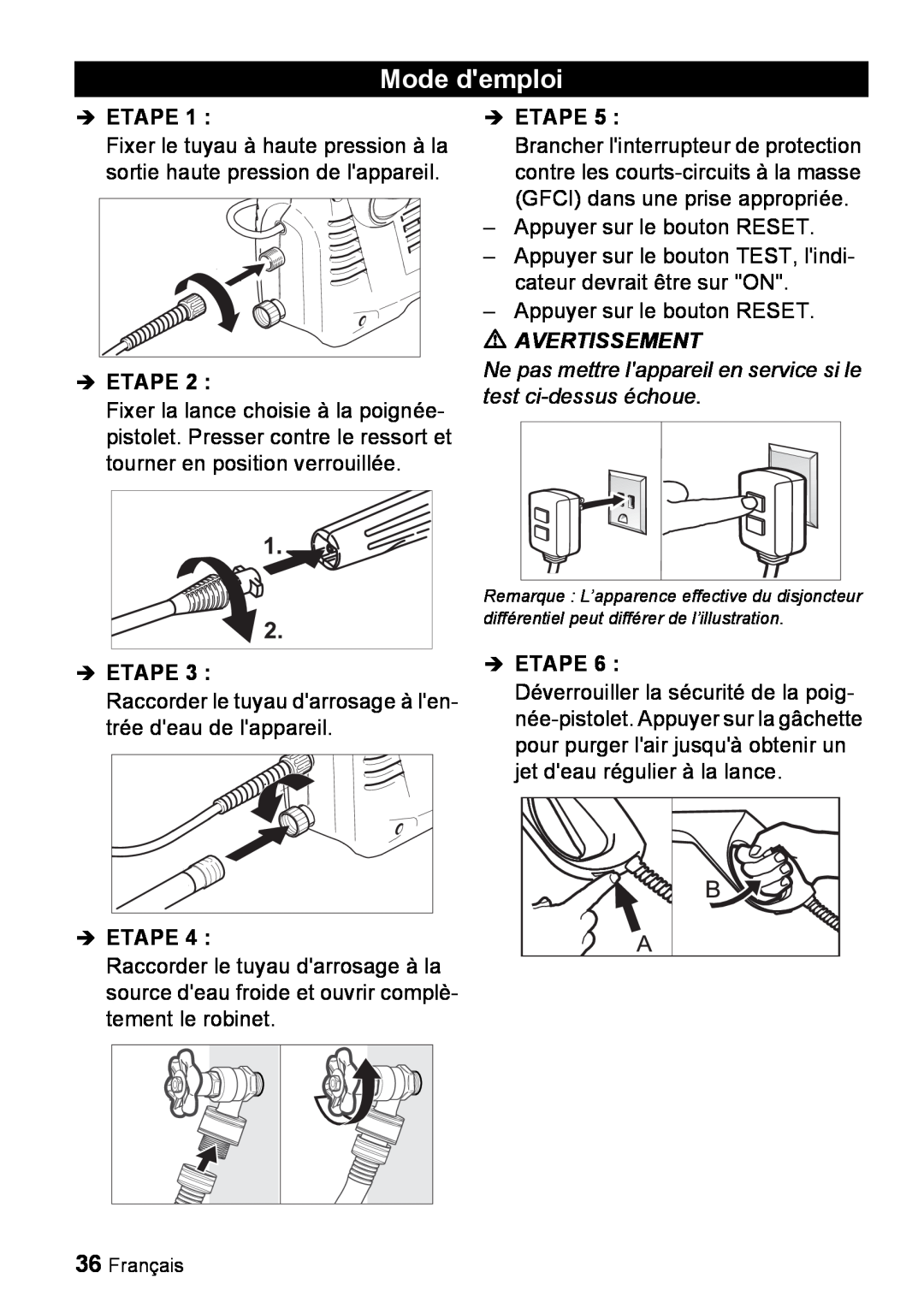Karcher K 2.16 manual Mode demploi, Avertissement, Î Etape 