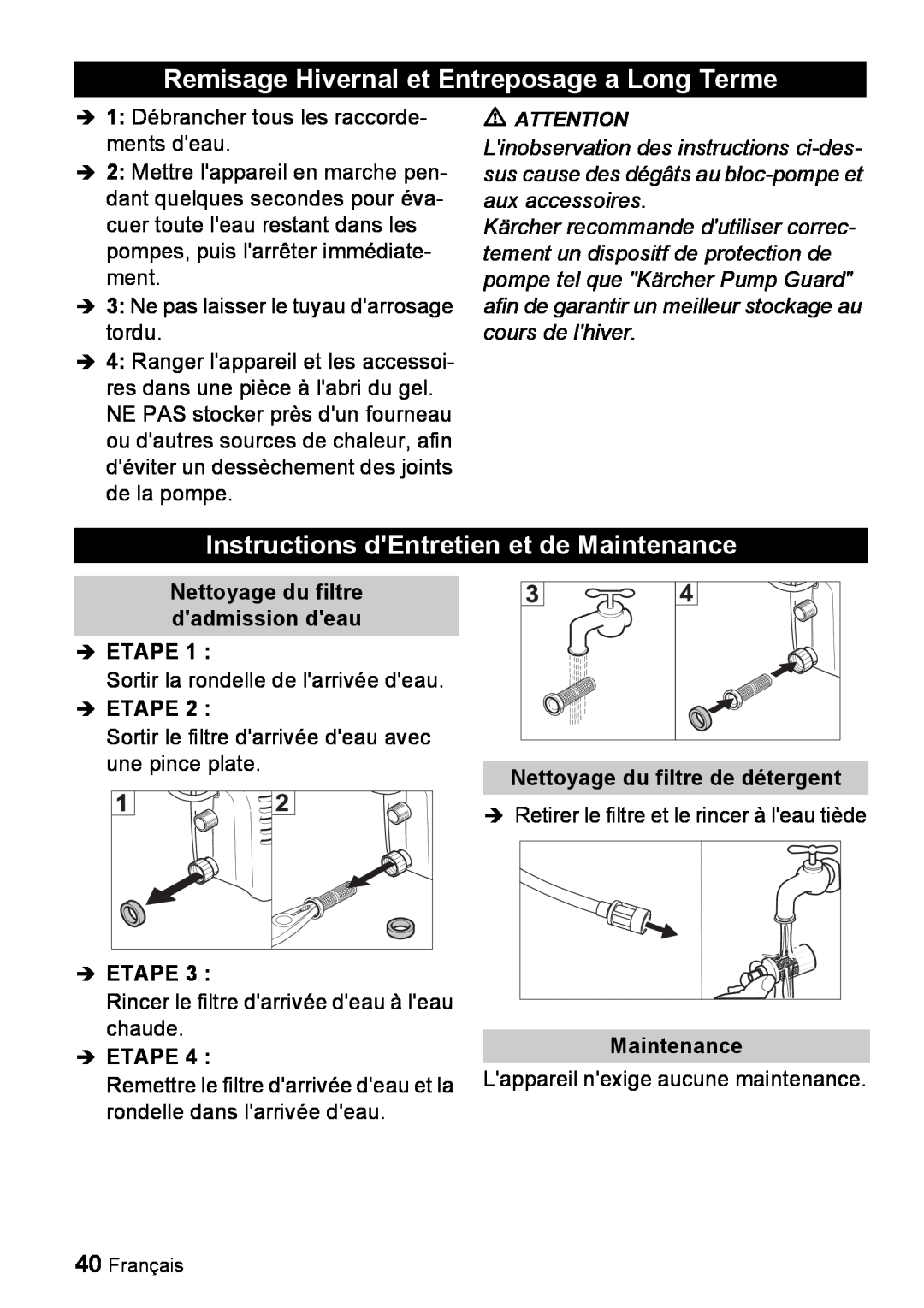 Karcher K 2.16 manual Remisage Hivernal et Entreposage a Long Terme, Instructions dEntretien et de Maintenance, Î Etape 