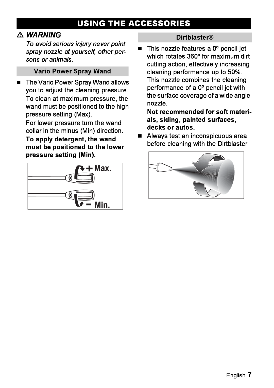 Karcher K 2.16 manual Using The Accessories, Vario Power Spray Wand, Dirtblaster 