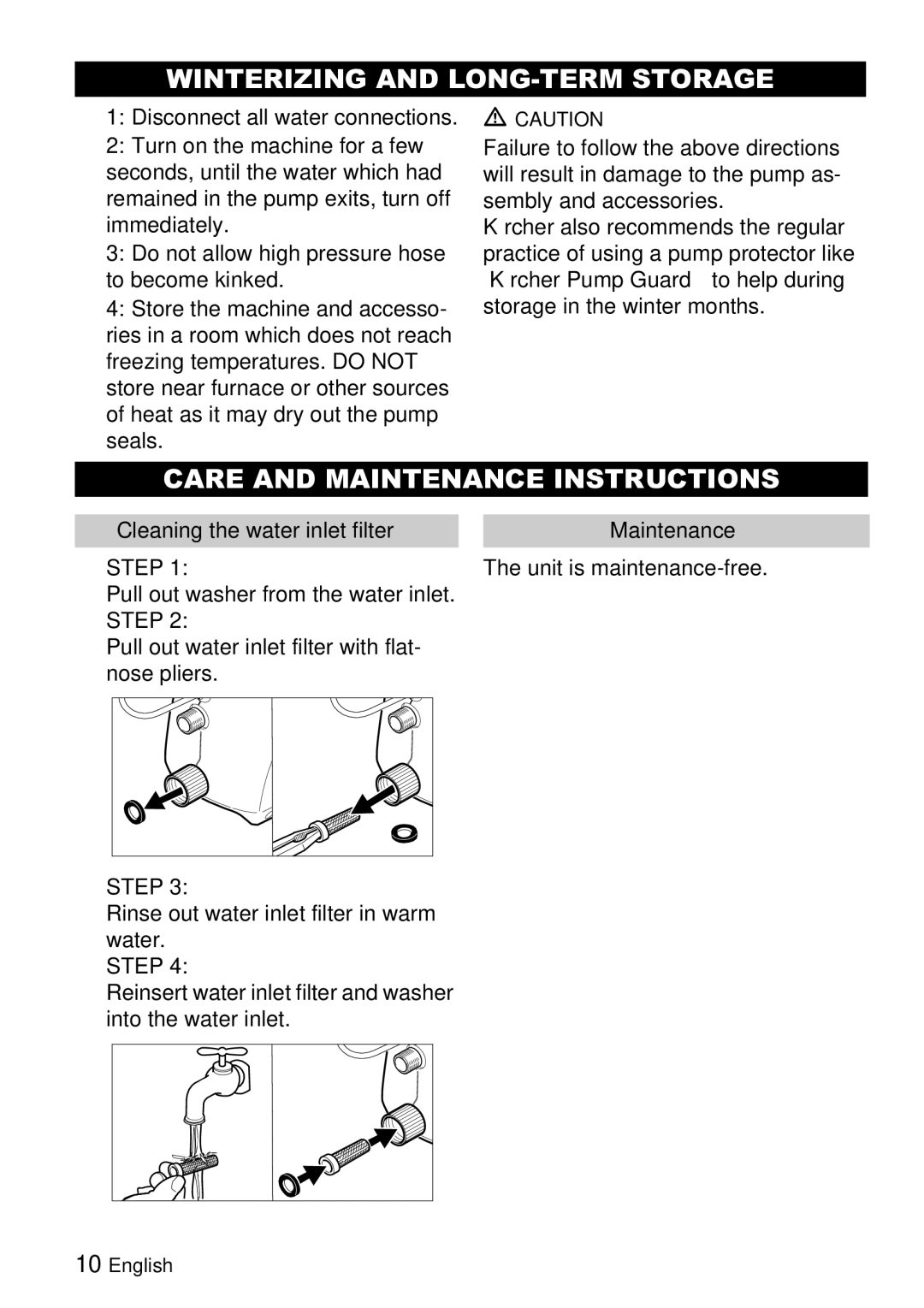 Karcher K 2.19 manual Winterizing and LONG-TERM Storage, Care and Maintenance Instructions 