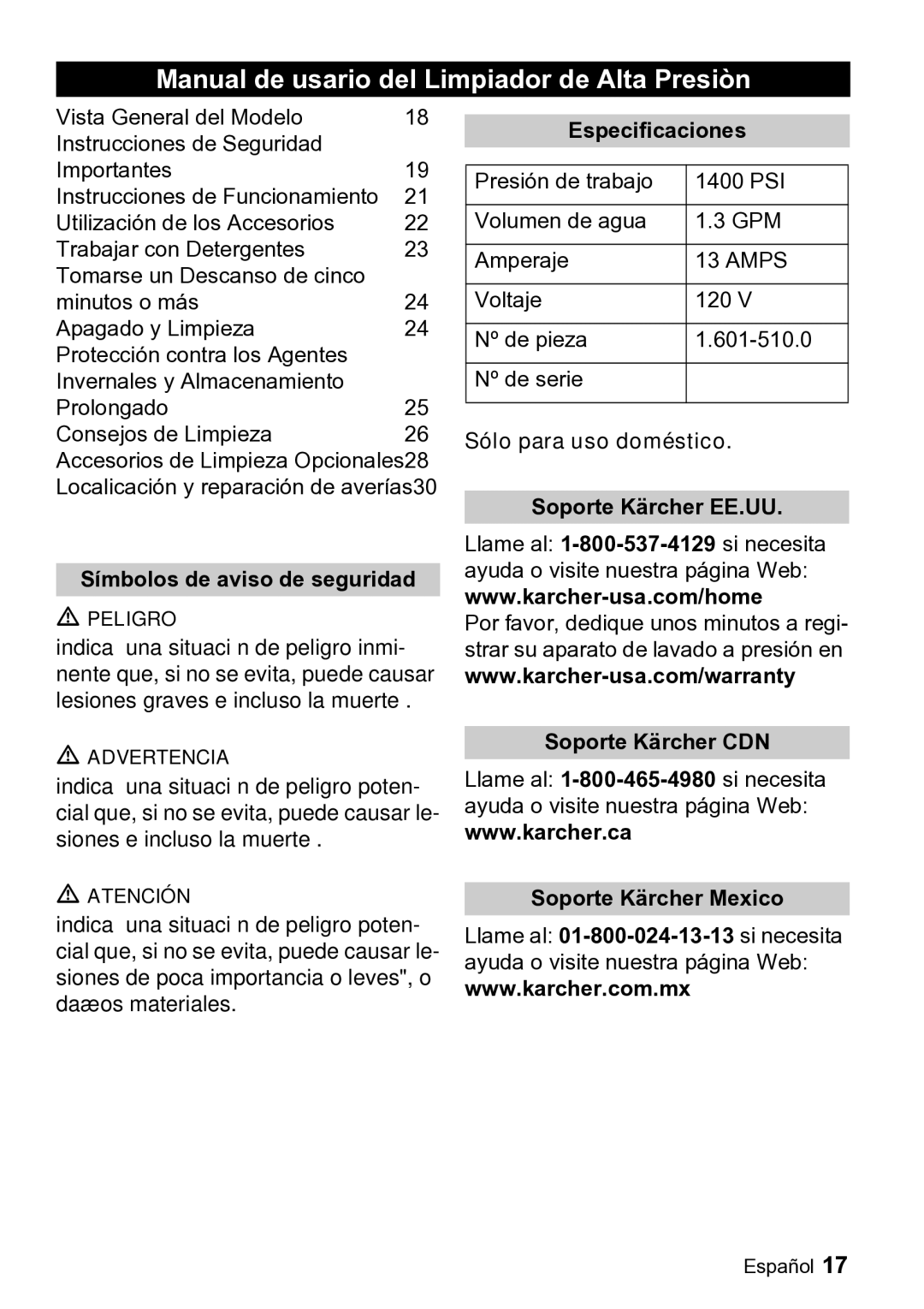 Karcher K 2.19 manual Manual de usario del Limpiador de Alta Presiòn, Sólo para uso doméstico 