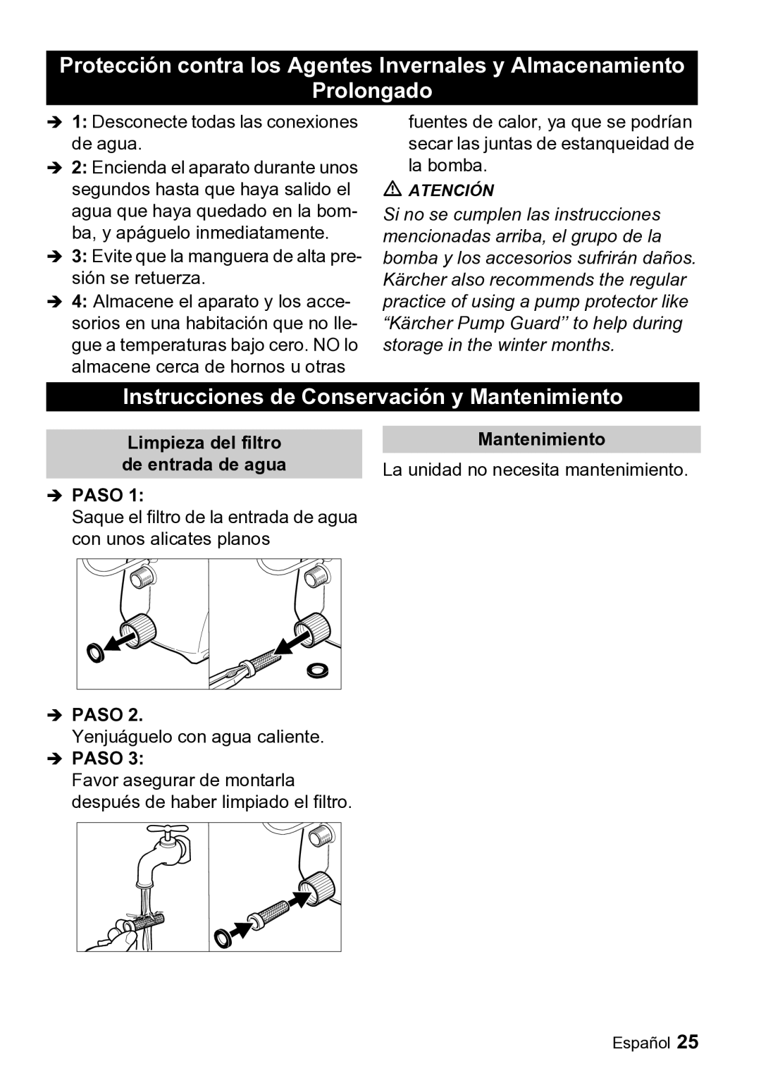 Karcher K 2.19 manual Instrucciones de Conservación y Mantenimiento, Limpieza del filtro de entrada de agua 