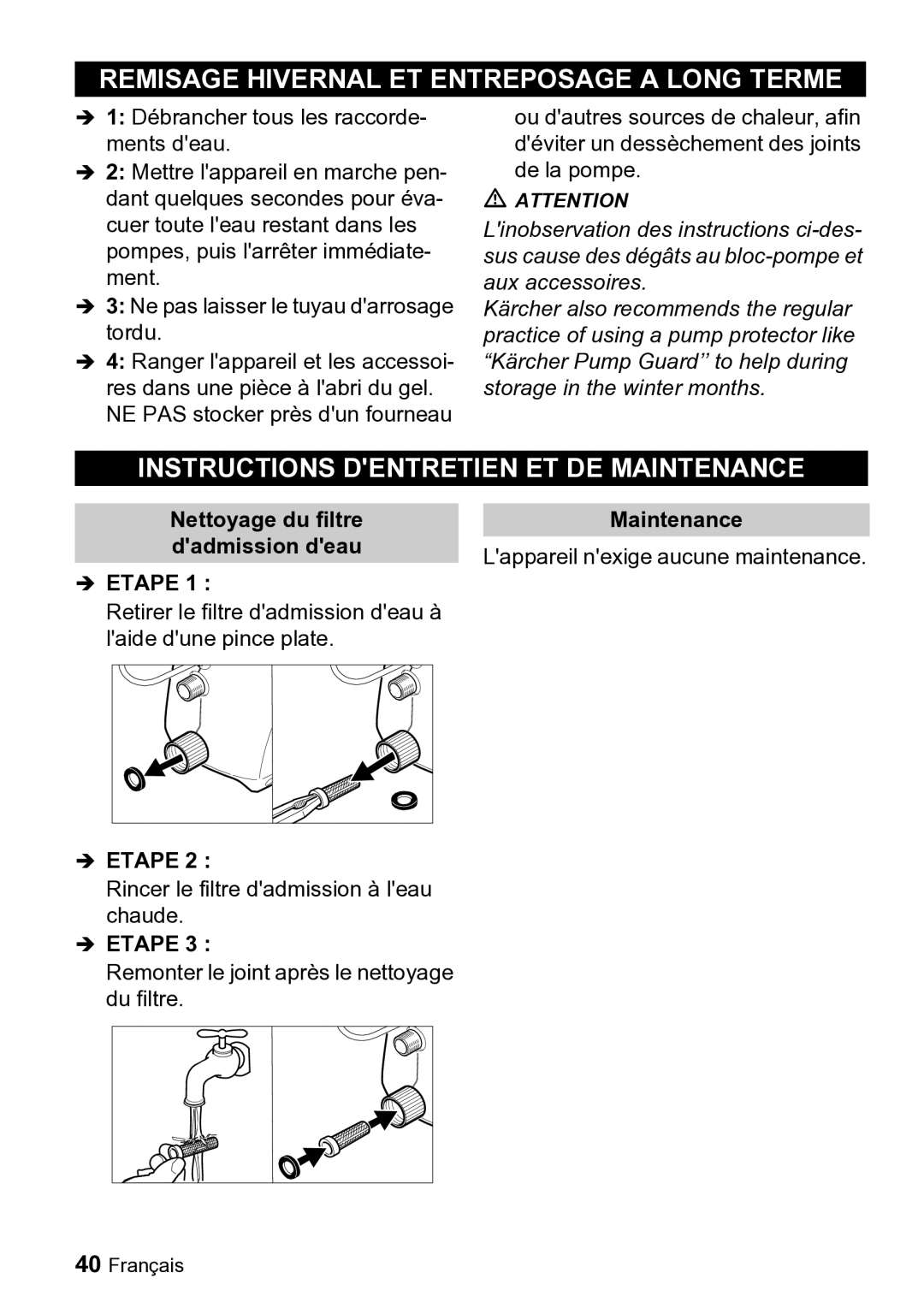 Karcher K 2.19 manual Remisage Hivernal ET Entreposage a Long Terme, Instructions Dentretien ET DE Maintenance 