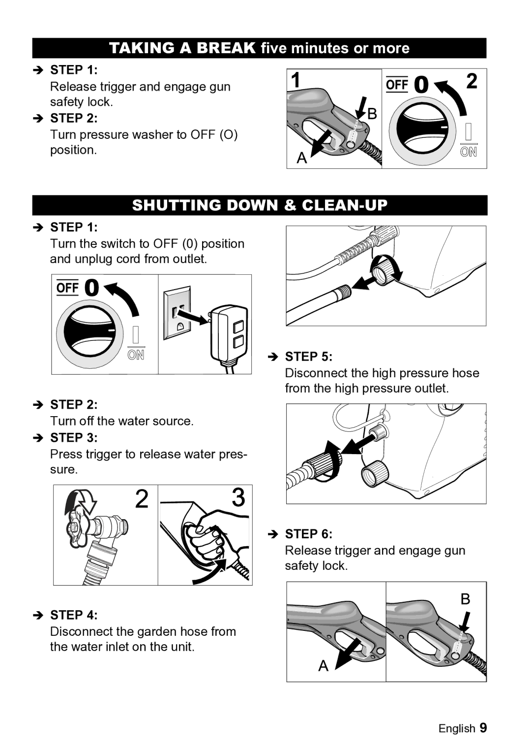 Karcher K 2.19 manual Taking a Break five minutes or more, Shutting Down & CLEAN-UP 