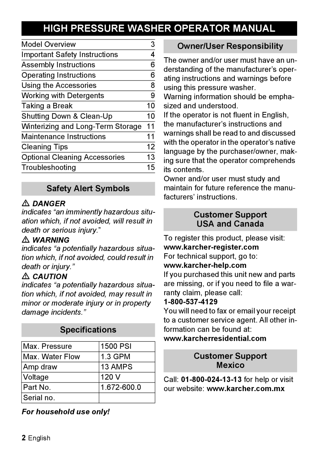 Karcher K 2.20 M High Pressure Washer Operator Manual, Owner/User Responsibility, Safety Alert Symbols, USA and Canada 