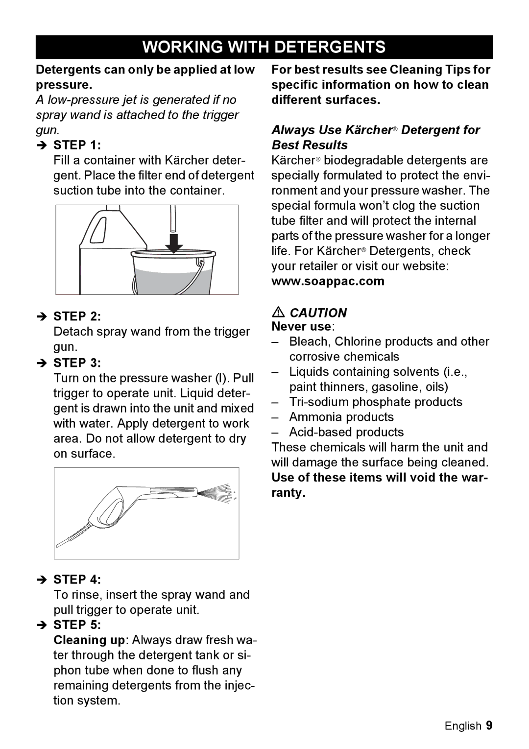 Karcher K 2.20 M manual Working with Detergents, Always Use Kärcher Detergent for Best Results 