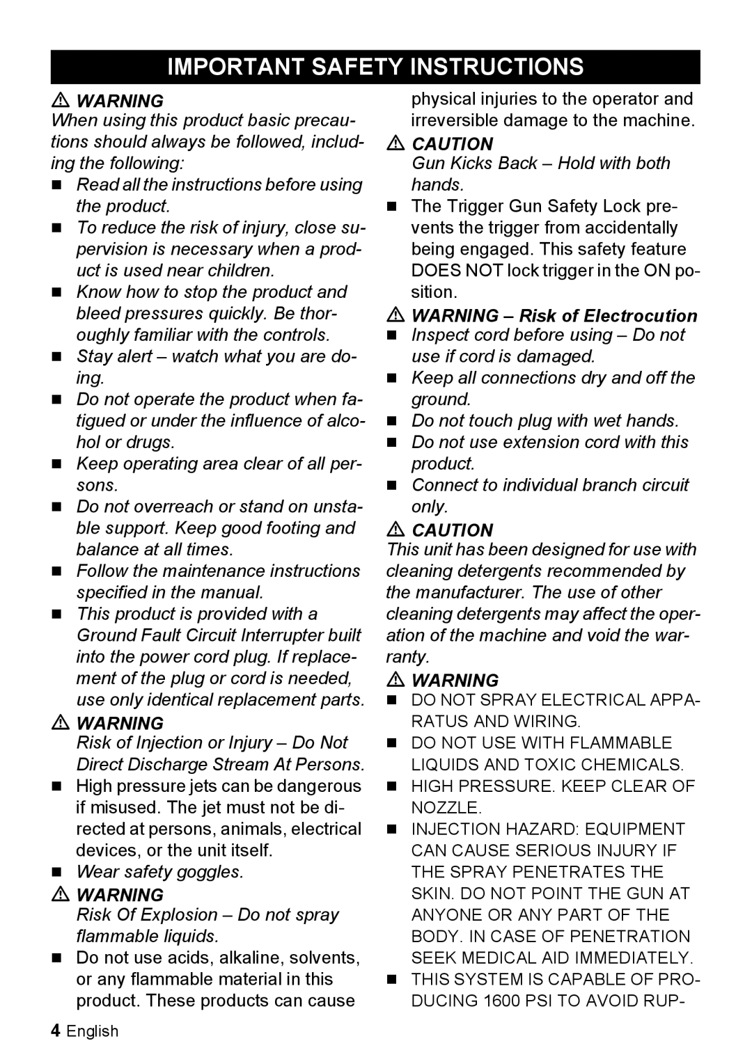 Karcher K 2.20 M manual Important Safety Instructions, WARNING - Risk of Electrocution 