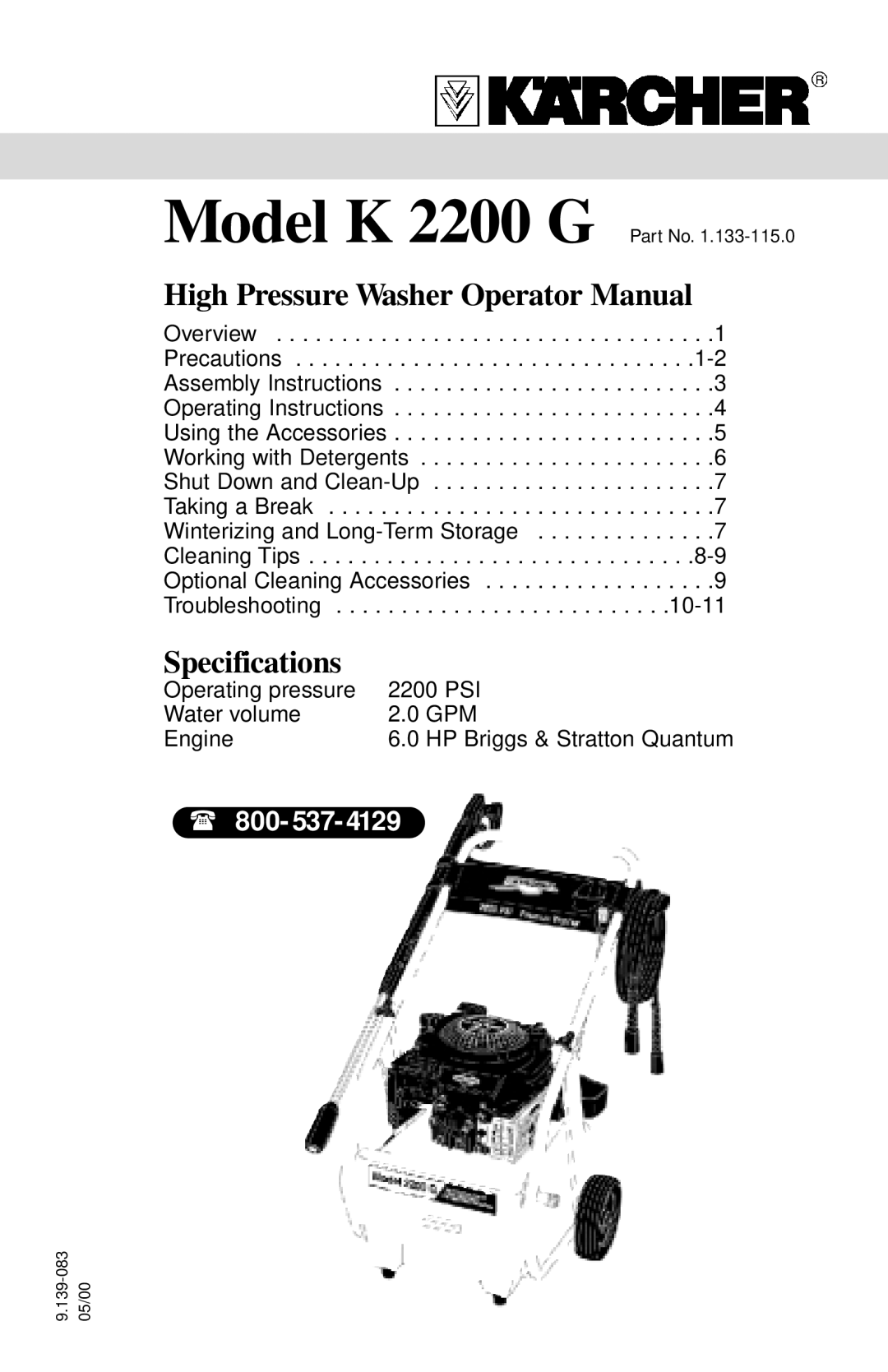 Karcher K 2200 G specifications High Pressure Washer Operator Manual, 800- 537 