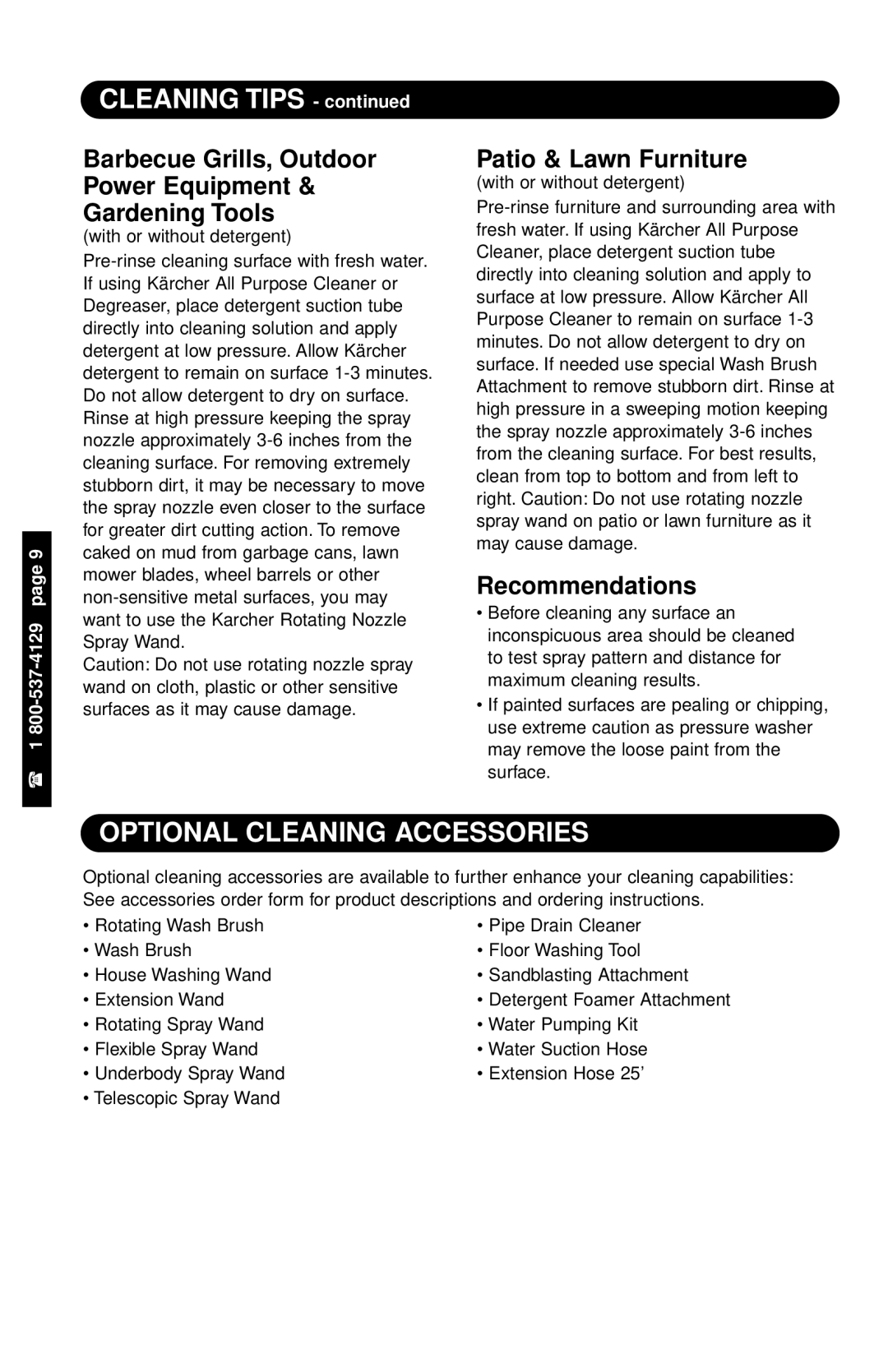 Karcher K 2200 G specifications Cleaning Tips, Optional Cleaning Accessories 