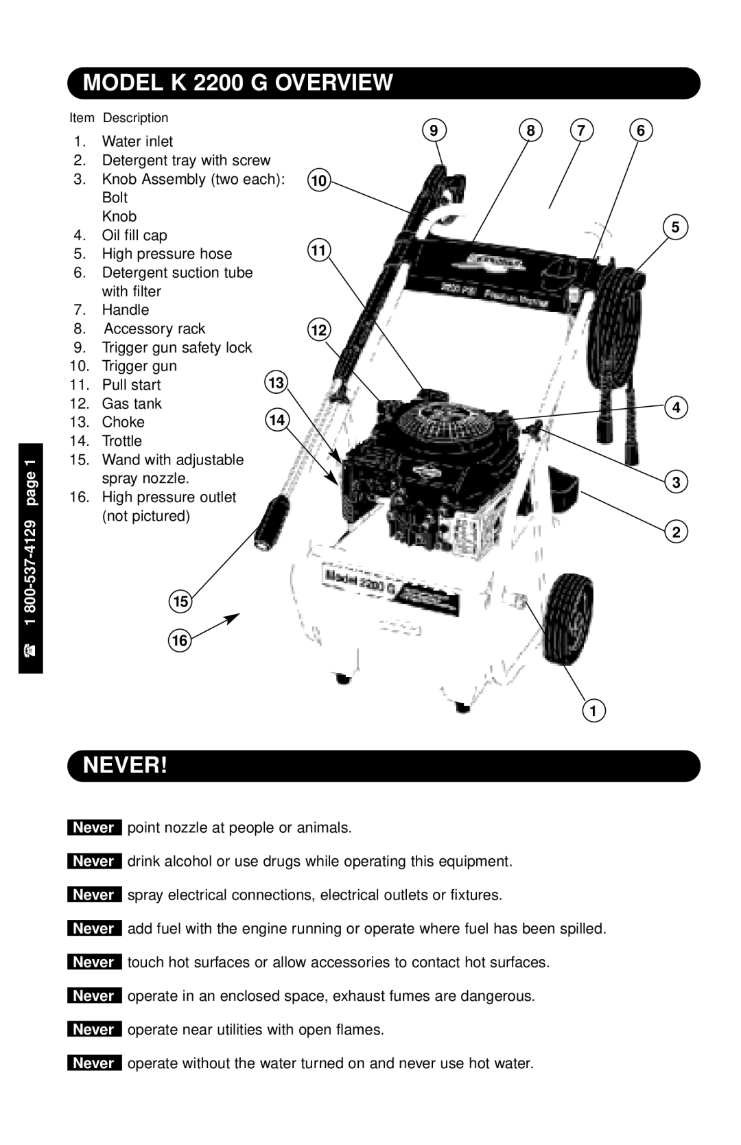 Karcher specifications Model K 2200 G Overview, Never 