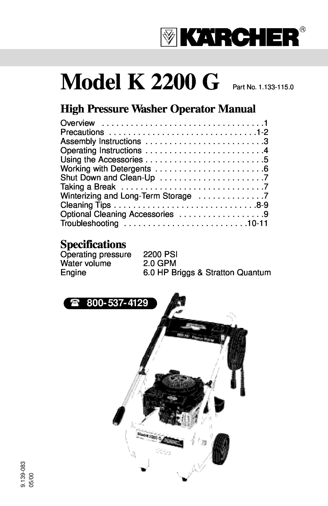 Karcher K 2200 G specifications 800- 537, High Pressure Washer Operator Manual, Specifications 