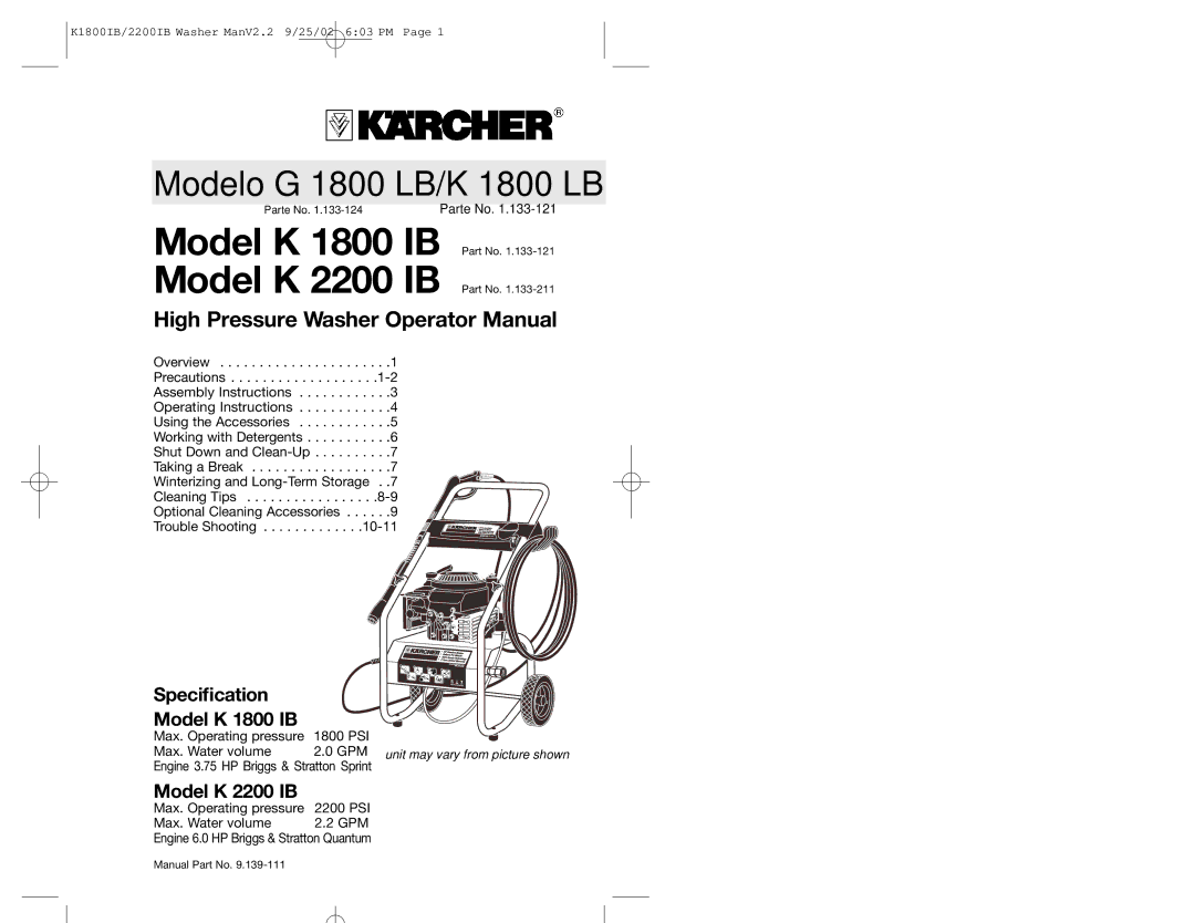 Karcher manual Speciﬁcation Model K 1800 IB, Model K 2200 IB, Manual Part No 