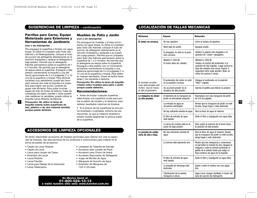 Karcher K 2200 IB manual Sugerencias DE Limpieza continuación, Localización DE Fallas Mecanicas, Muebles de Patio y Jardín 