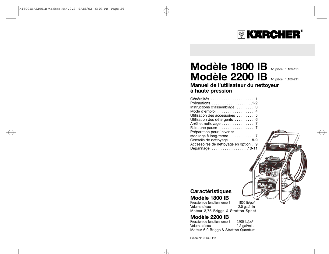 Karcher K 2200 IB Manuel de l’utilisateur du nettoyeur à haute pression, Caractéristiques Modèle 1800 IB, Modèle 2200 IB 