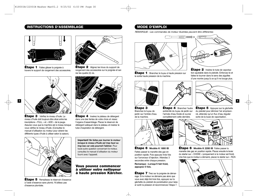 Karcher K 2200 IB manual Instructions D’ASSEMBLAGE, Mode D’EMPLOI, Étape 6 Modèle K 1800 IB, Appuyez 5 fois 