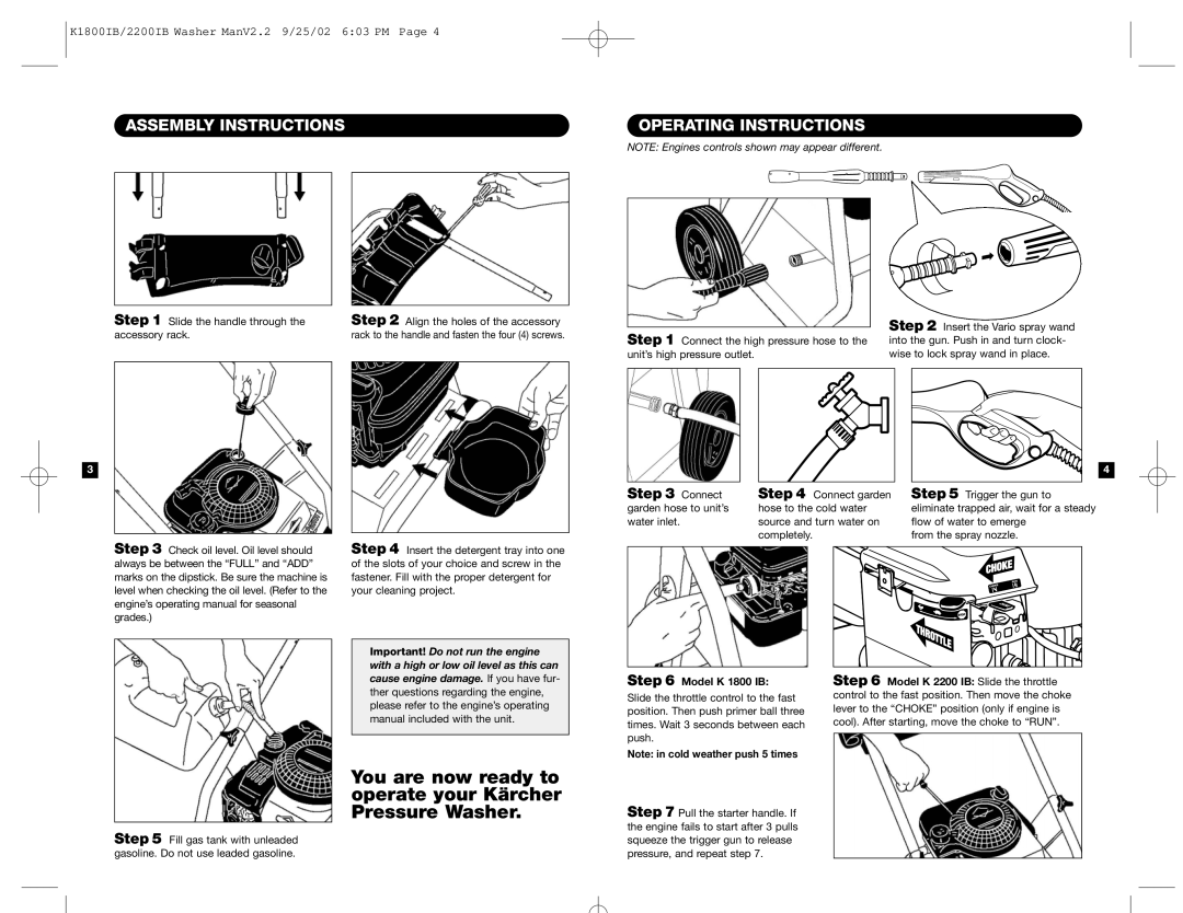 Karcher K 2200 IB You are now ready to operate your Kärcher Pressure Washer, Assembly Instructions, Operating Instructions 