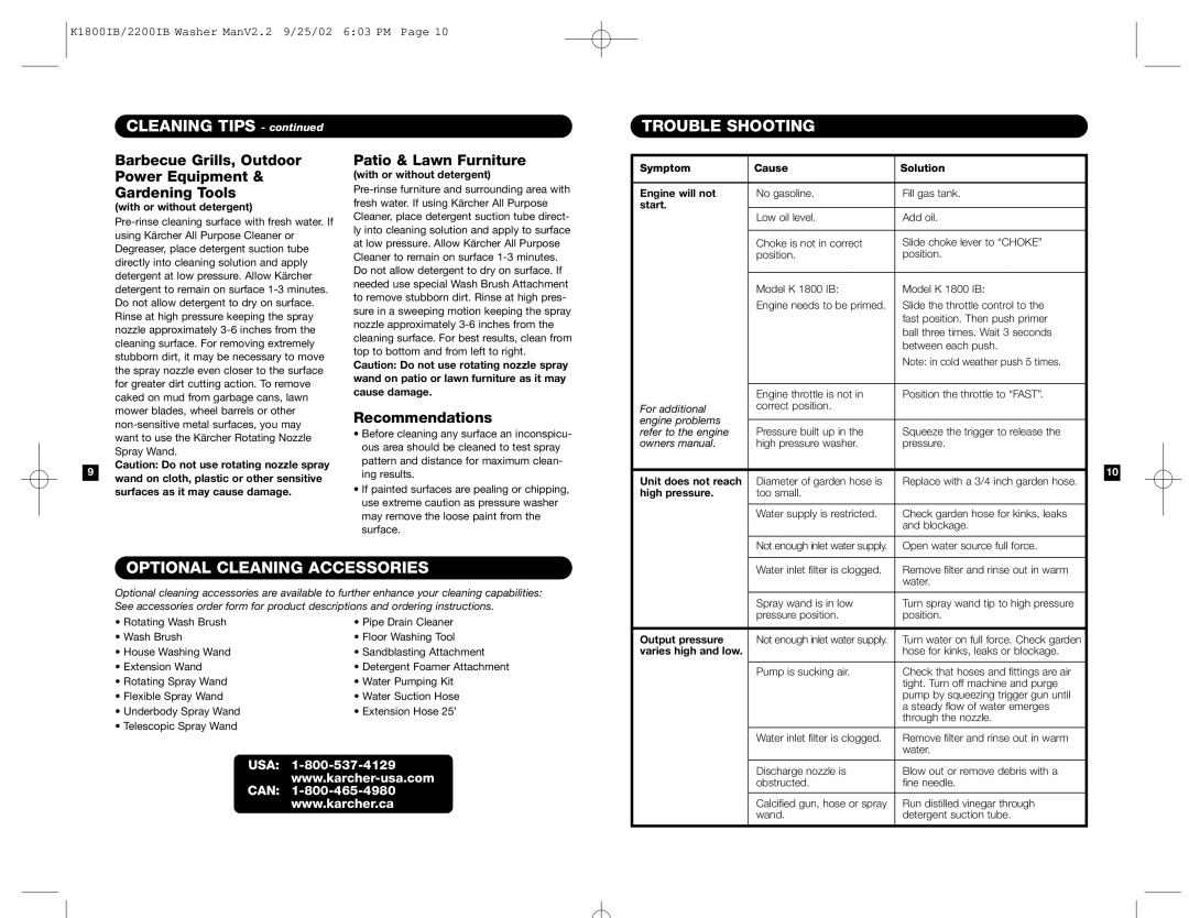 Karcher K 2200 IB manual Cleaning Tips, Trouble Shooting, Optional Cleaning Accessories 
