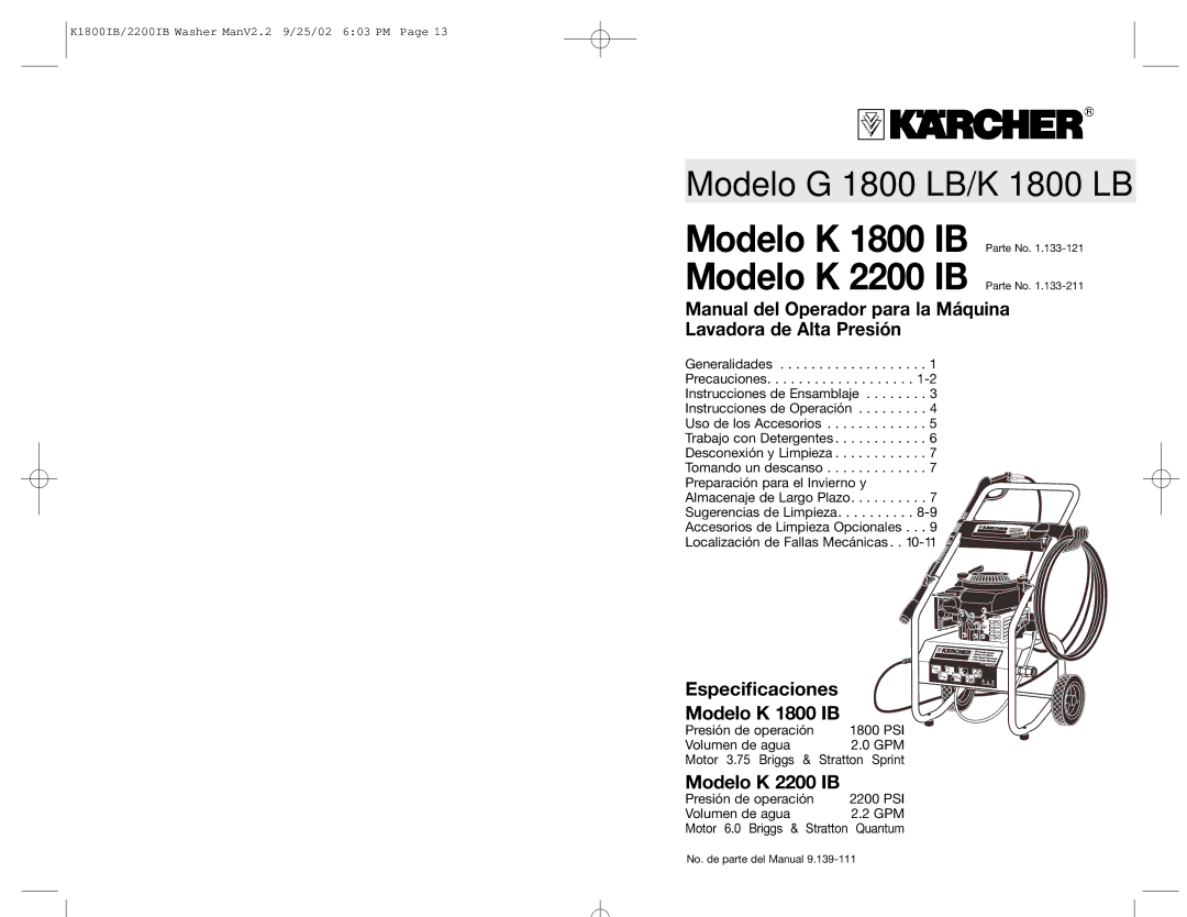 Karcher manual Especiﬁcaciones Modelo K 1800 IB, Modelo K 2200 IB, Parte No, No. de parte del Manual 