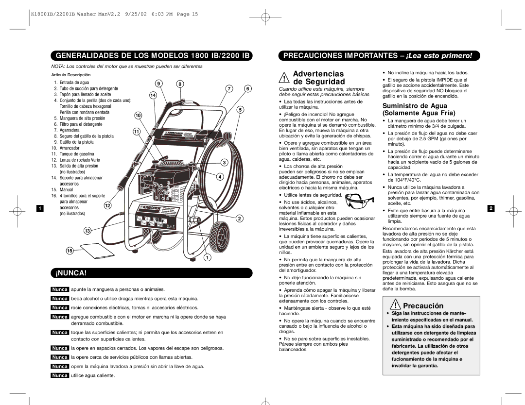 Karcher K 2200 IB manual Generalidades DE LOS Modelos 1800 IB/2200 IB, Precauciones Importantes ¡Lea esto primero, ¡Nunca 