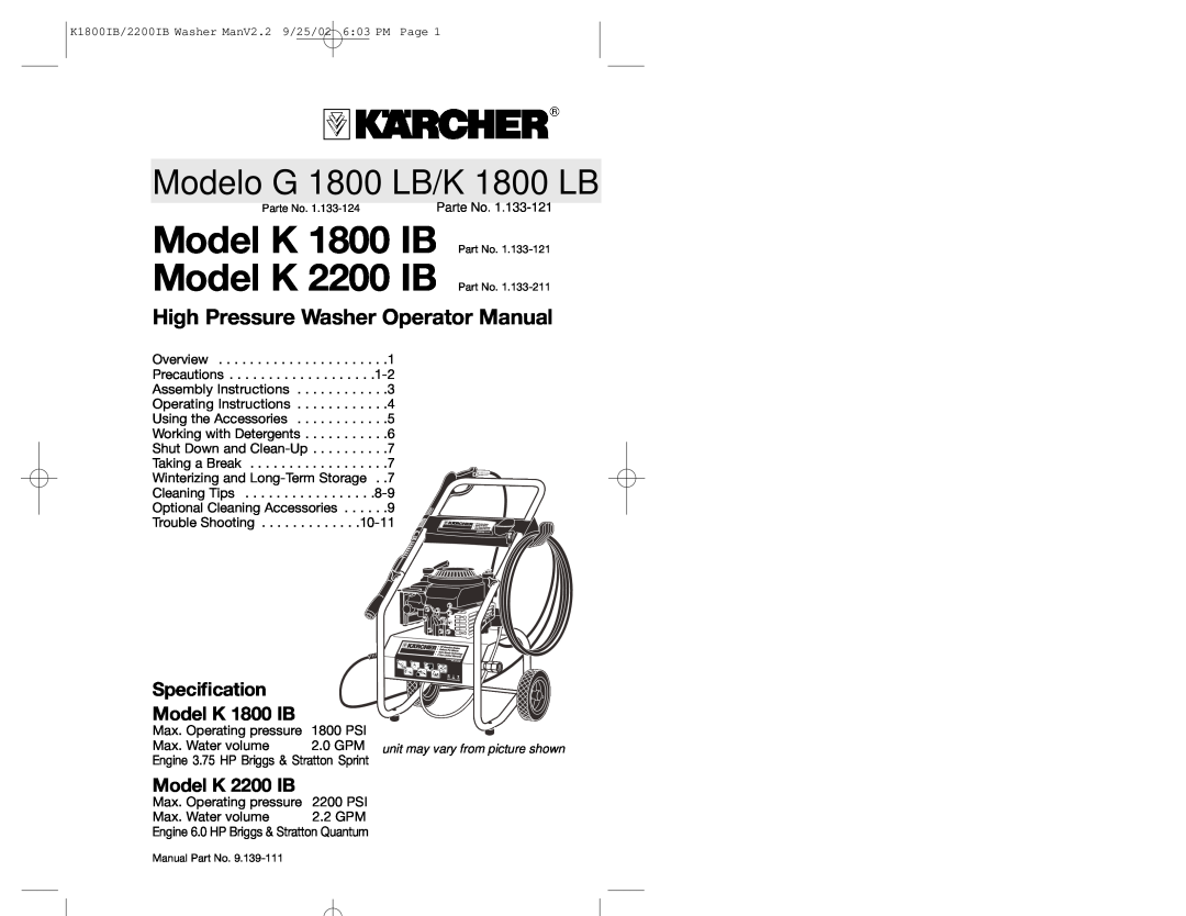Karcher manual Speciﬁcation Model K 1800 IB, Model K 1800 IB Model K 2200 IB, High Pressure Washer Operator Manual 