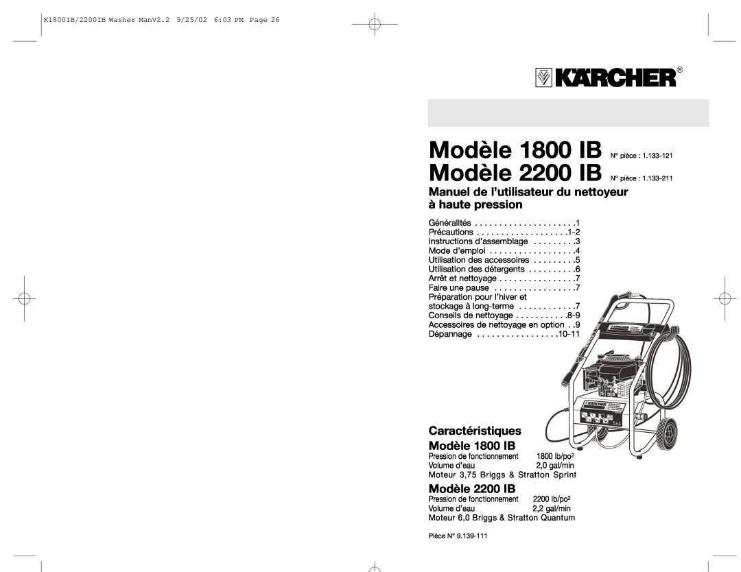 Karcher K 2200 IB manual Caractéristiques Modèle 1800 IB, Modèle 1800 IB Modèle 2200 IB 