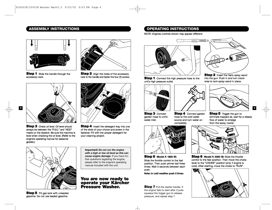Karcher K 2200 IB manual Assembly Instructions, Operating Instructions, Connect, Important! Do not run the engine 